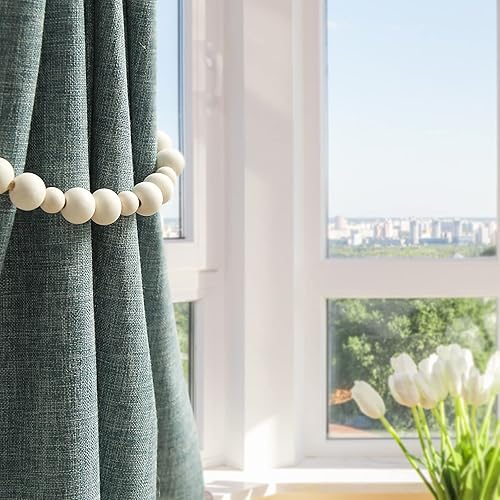 Miniatura 7 de OCIOLI 2 alzapaños de cortina con cuentas de madera, estilo bohemio, sujetadores de cortina para cortina de pared, lazos de cortina con ganchos