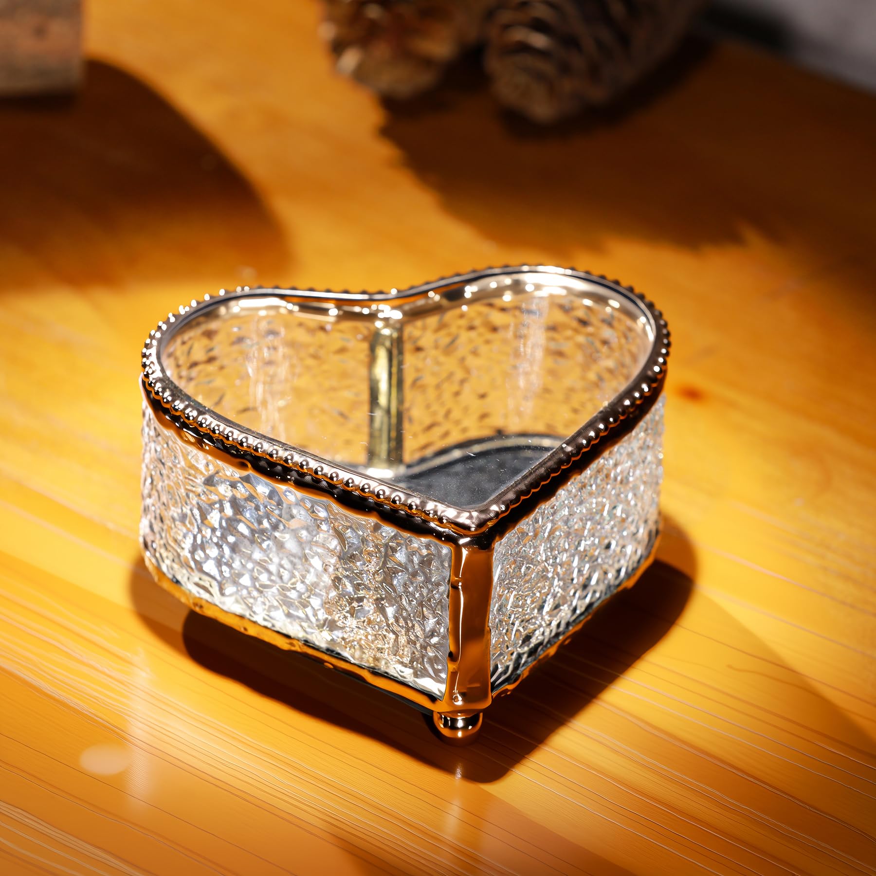 Joyero de cristal de diamante en forma de corazón, 4 x 3.6 x 2.1 pulgadas, caja de recuerdo, puede almacenar anillos, accesorios, etc. (dorado)