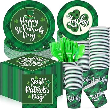 210 Pcs Happy St Patricks Day Party Supplies Plates Napkins Cups Irish Shamrock Party Disposable Paper Dinner Dessert Plates Shamrock Napkins Beverage Green Cups Plastic Fork Set Fresh