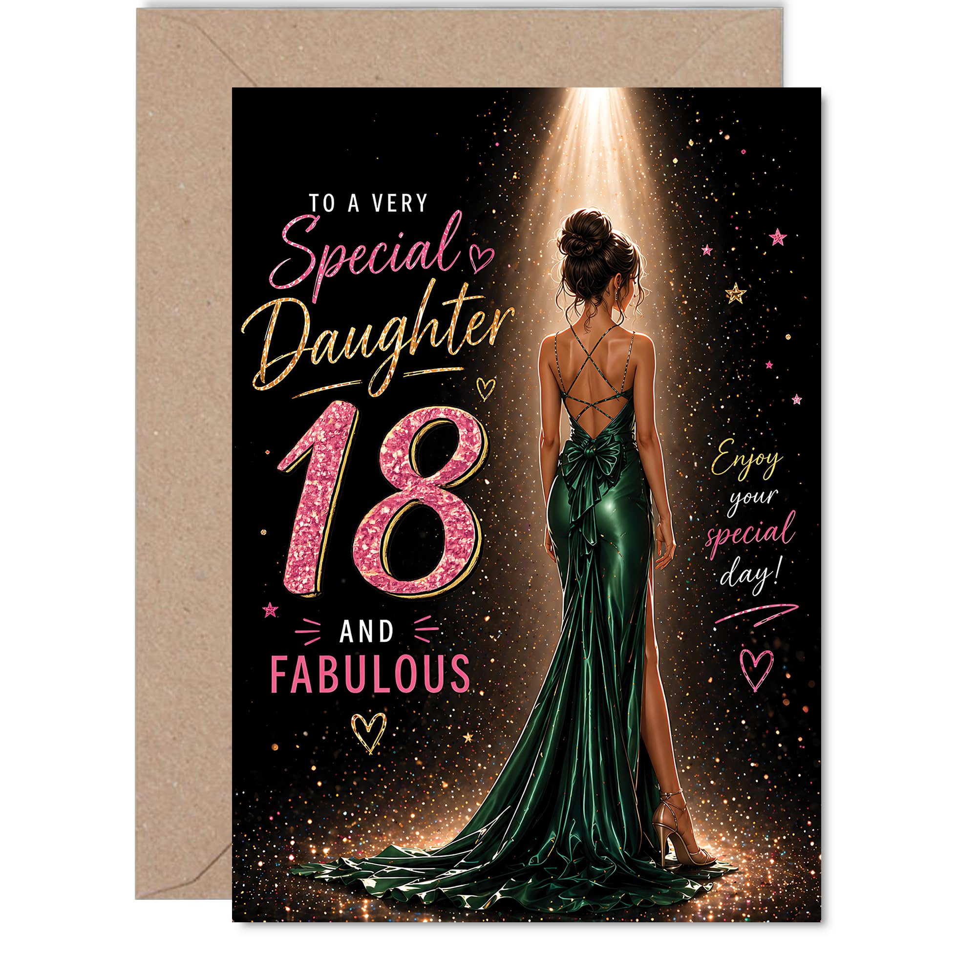 Milestone 18th Birthday Card - Sparkling 18th Celebrations - Glamorous Green Dress and Gold Accents - for a Truly Fabulous Birthday Moment - 5X7 Inch, Envelope Included