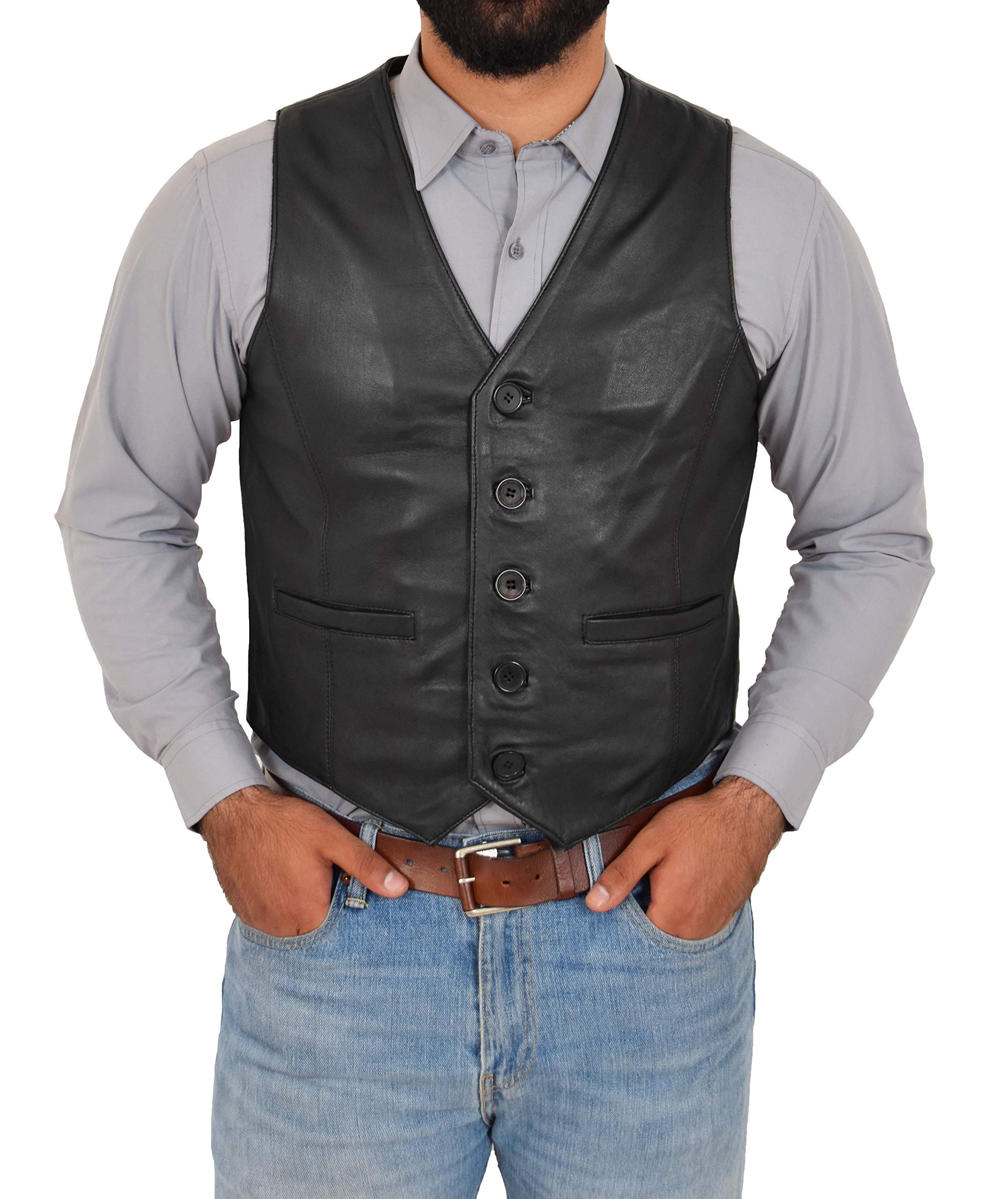 Mens Real Leather Waistcoat Classic Style Vest Nick (3XL, Black)