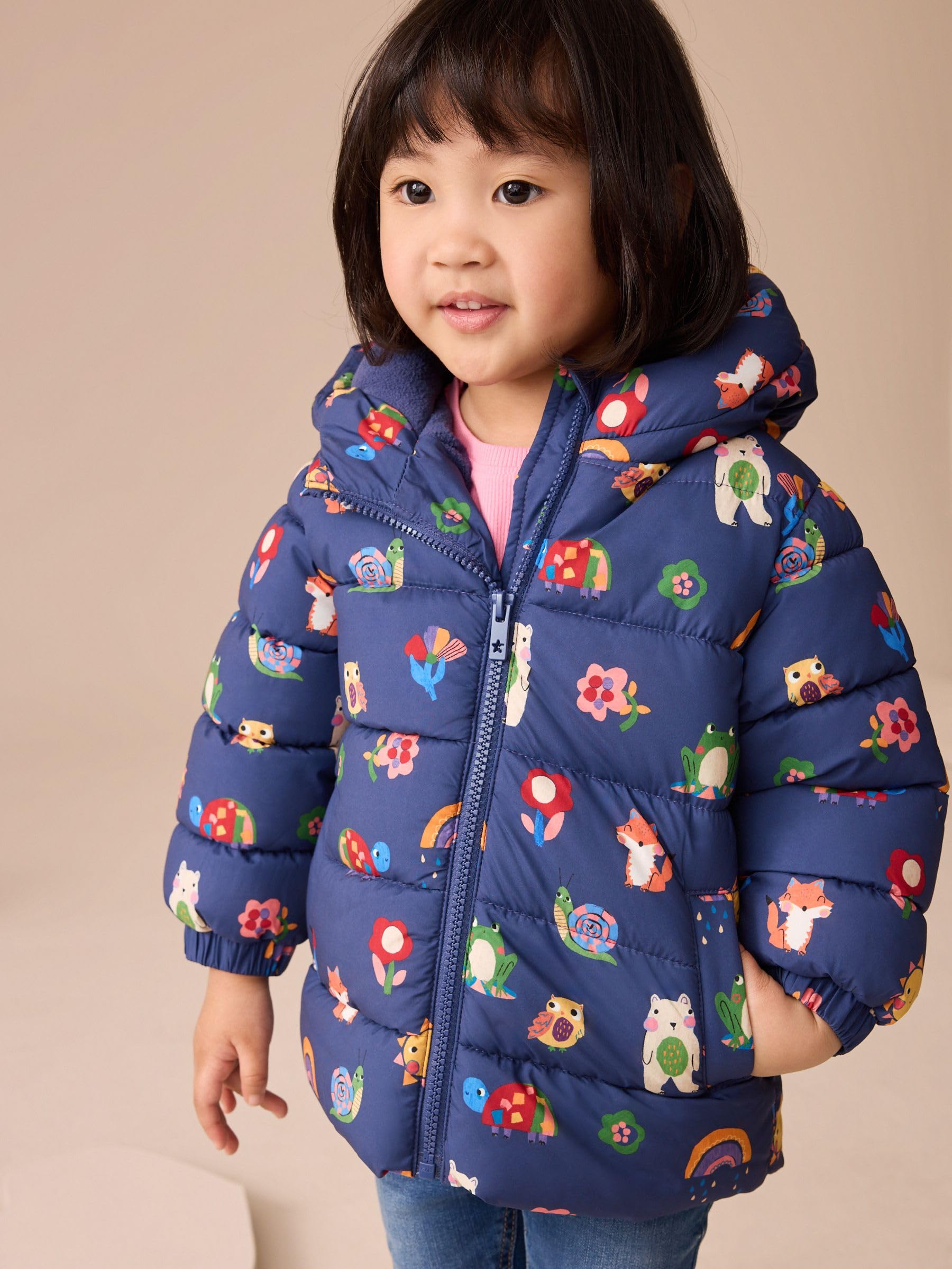 NEXT Ragazza Cappotto impermeabile imbottito con fodera in pile e cappuccio | Bambino, Standard, Zipper, Lavabile in lavatrice