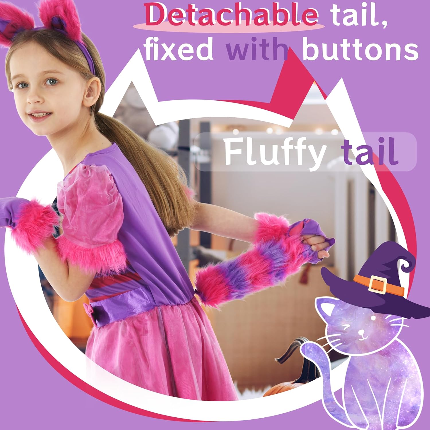 Lingway Toys cheshire cat costume for girls,Pink Purple Stripes Cat Halloween Cosplay - Image 6