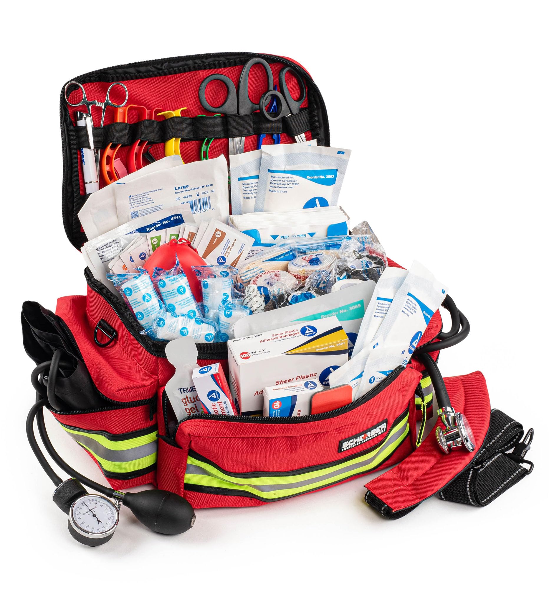 Scherber First Responder Fully-Stocked Professional Essentials EMT/EMS Trauma Kit | HSA/FSA Approved | Reflective Bag w/8 Zippered Pockets & Compartments & 200+ First Aid Supplies - Red