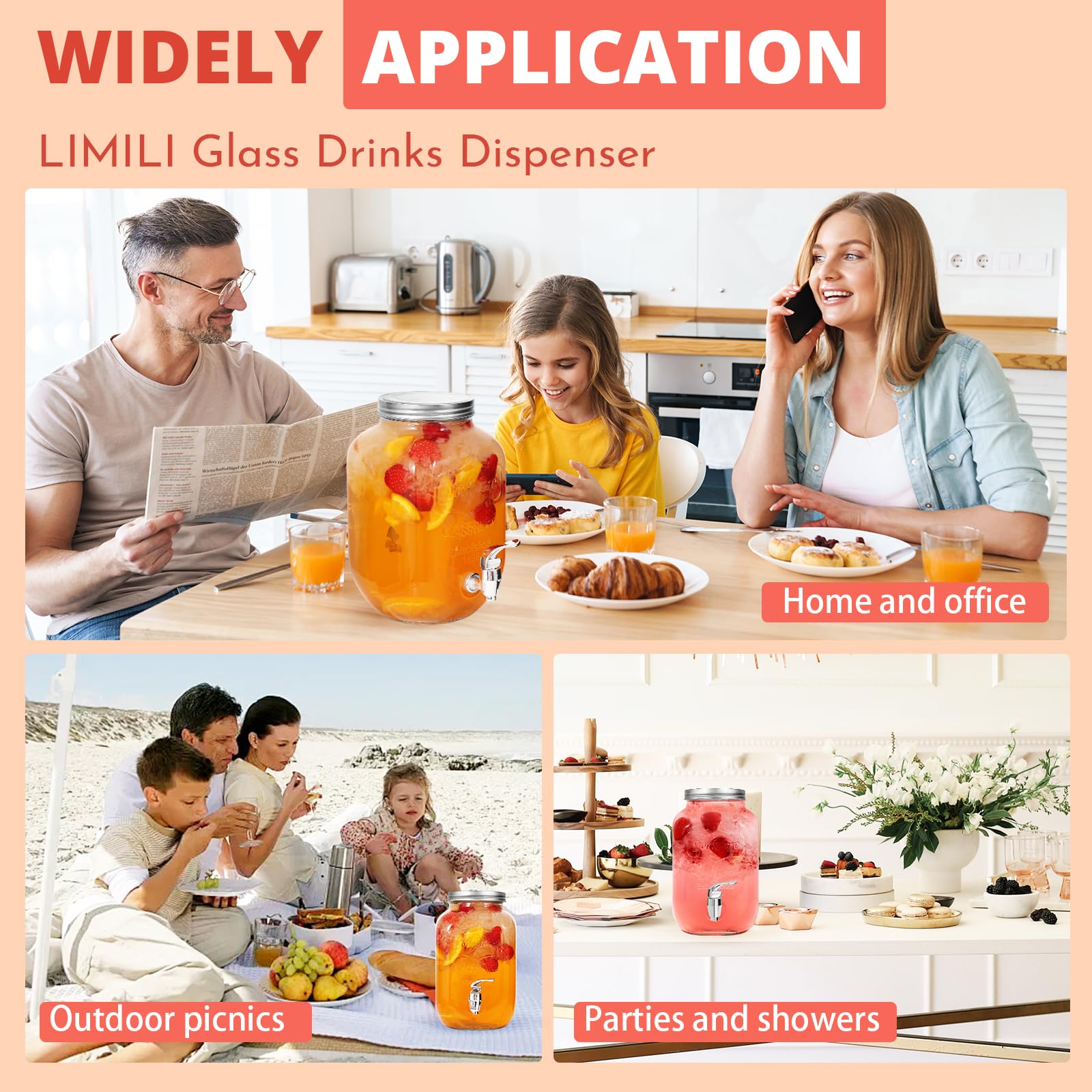 LIMILI - Dispensador de bebidas de vidrio, 2 juegos de dispensador de agua de vidrio de 4 litros con grifo de acero inoxidable, dispensadores de bebidas heladas para jugos caseros, nevera,