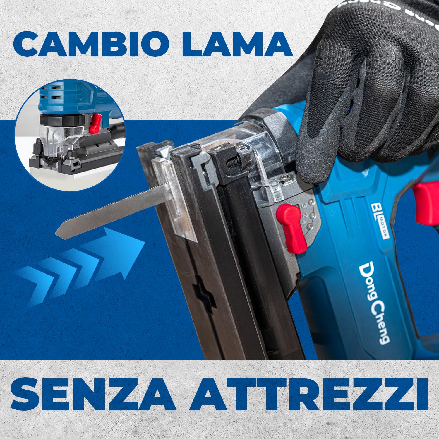 Dong Cheng Seghetto Alternativo 18V Senza Spazzole | Pendolo 800-3500 SPM | Taglio 0-45° | 6 Velocità | Con Doppio LED, Soffiatore, Batteria 4Ah, Caricabatteria, 6 Lame & Valigetta