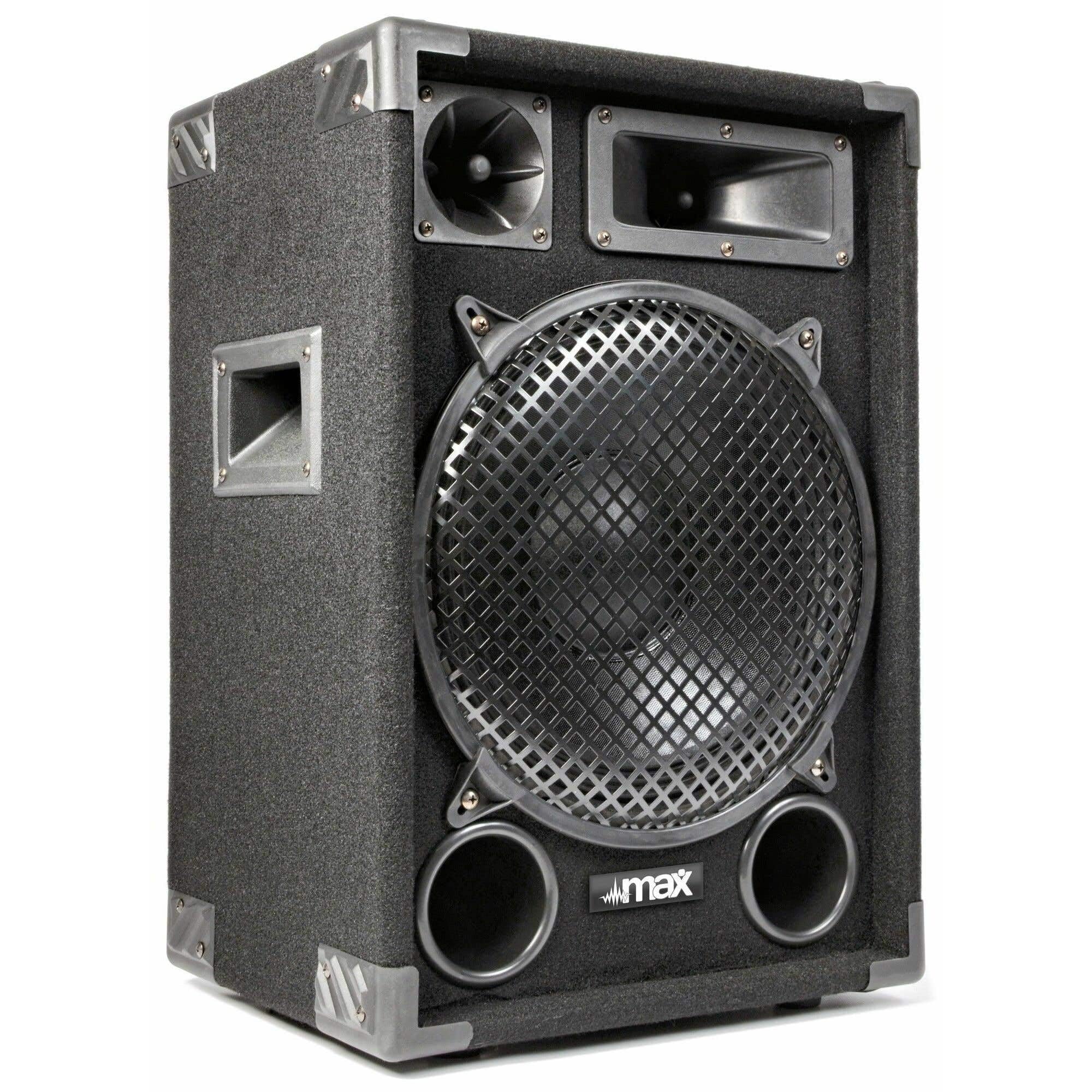MAX-1215 - DJ Boxen Komplett Set Anfänger - 2200 Watt Peak - 2.2 DJ-Set - 2X Subwoofer, 2X Topteile, 2X Verstärker für Subs und Topteile, Tripod Stative, Kopfhörer, Mikrofon und DJ Mischpult