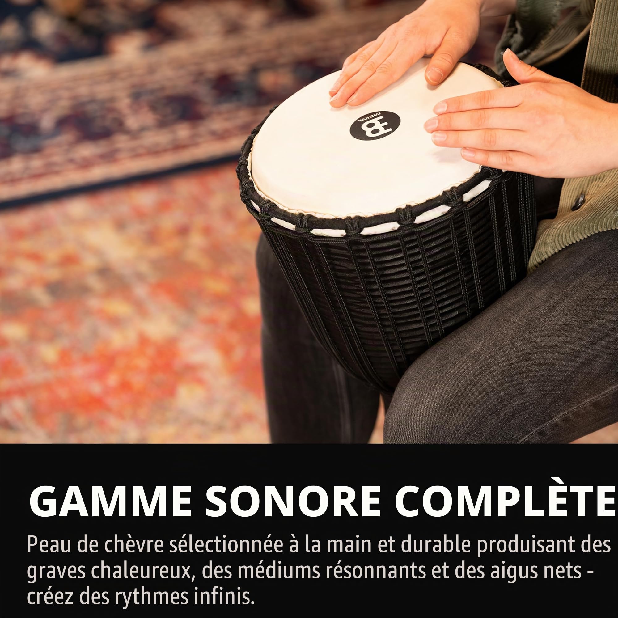 Meinl Percussion Djembe River À Cordes – Percussion à Main Moyenne Taille – Avec Peau de Chèvre – Diamètre 10 pouces – Acajou, Noir (HDJ3-M)