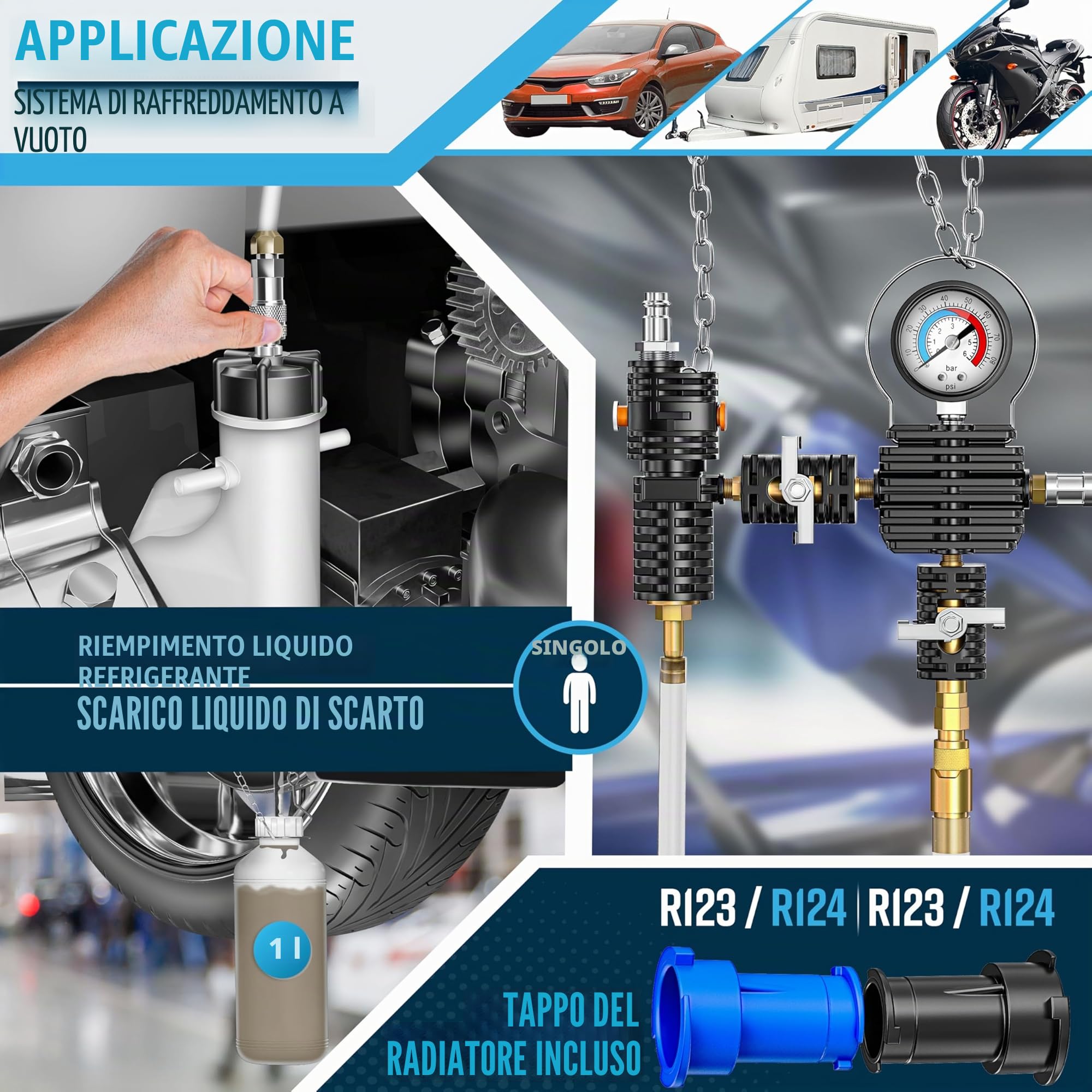 MASKO® Tester e dispositivo di spinta per sistema di raffreddamento | Controllore di pressione del radiatore, dispositivo di scarico del radiatore 28 pezzi incluso adattatore universale per radiatore
