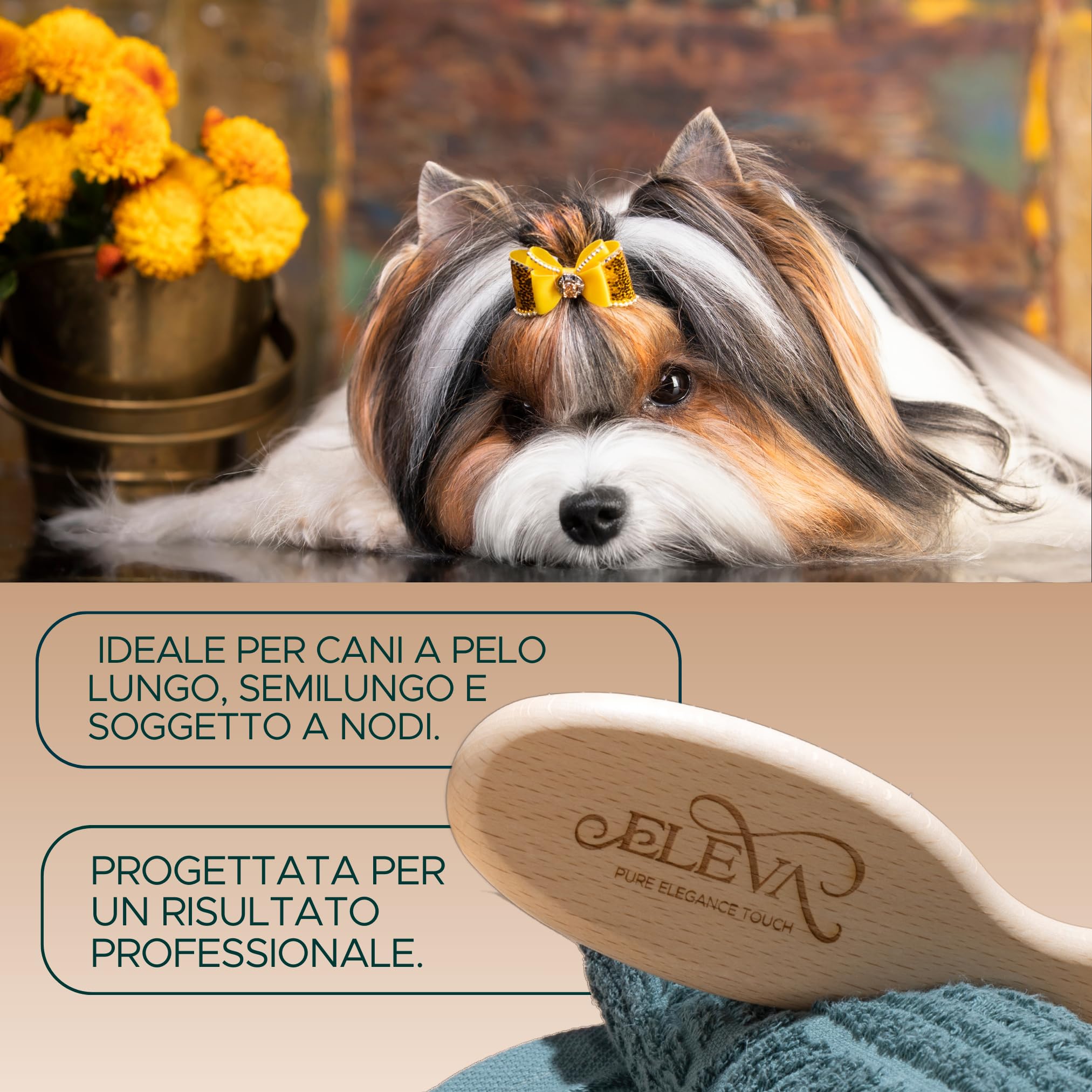 ELEVA PET - Spazzola per Cani in Legno - Denti in Acciaio - Toelettatura Professionale - Rimuove Nodi Senza Sforzo - per Pelo Lungo e Semilungo - Mantiene il Manto Pulito e Luminoso - Made in Italy
