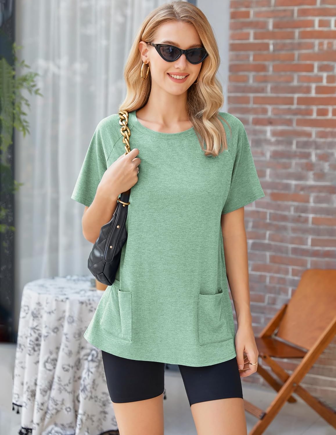 Ekouaer Two Piece Sets for Women Summer Outfits 2026 Lounge Set Crew Neck Tshirts Biker Short Sweatsuit with Pocket - Image 4