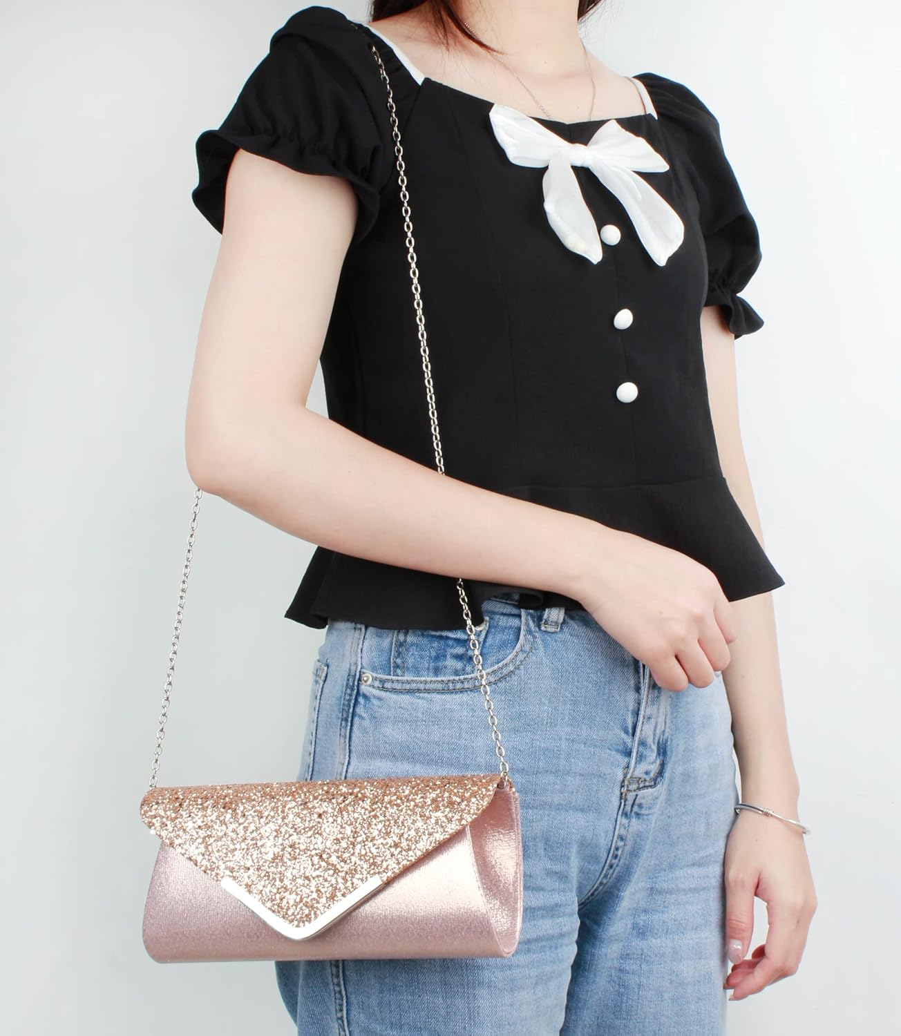 Queena Womens Shiny Sequins Evening Clutch Envelope Handbag Chain Purse for Wedding Party Prom Gift for Mom Wife Girlfriend Pink, Pink - Image 2