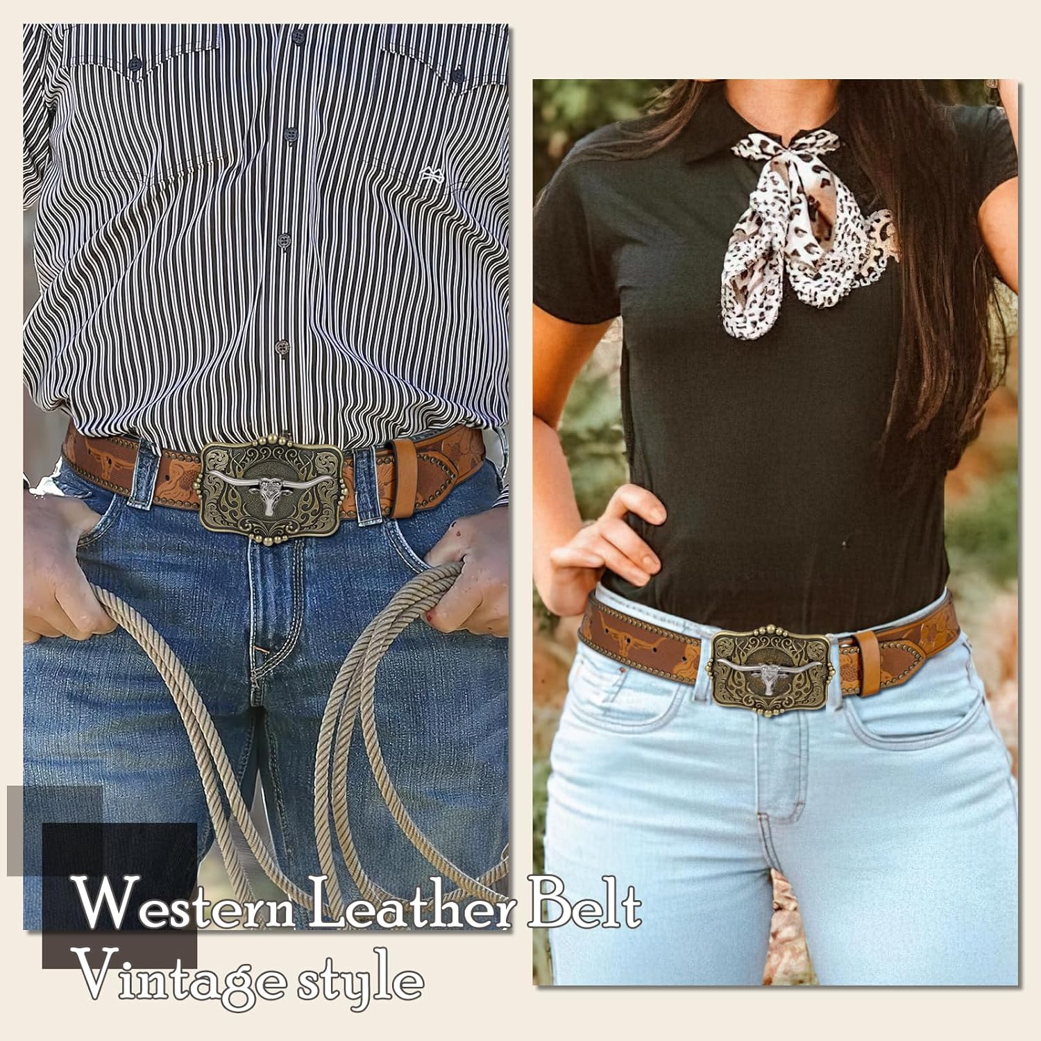 SUOSDEY Women Western Leather Belt, Cowboy Cowgirl Belt for Jeans Pants Longhorn Bull Big Buckle Belt - Image 2