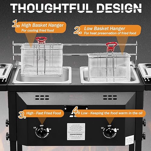 Miniatura 6 de Outvita Freidora de propano para exteriores, freidora comercial de doble quemador, olla de 16 cuartos de galón con cestas extraíbles, tapas y