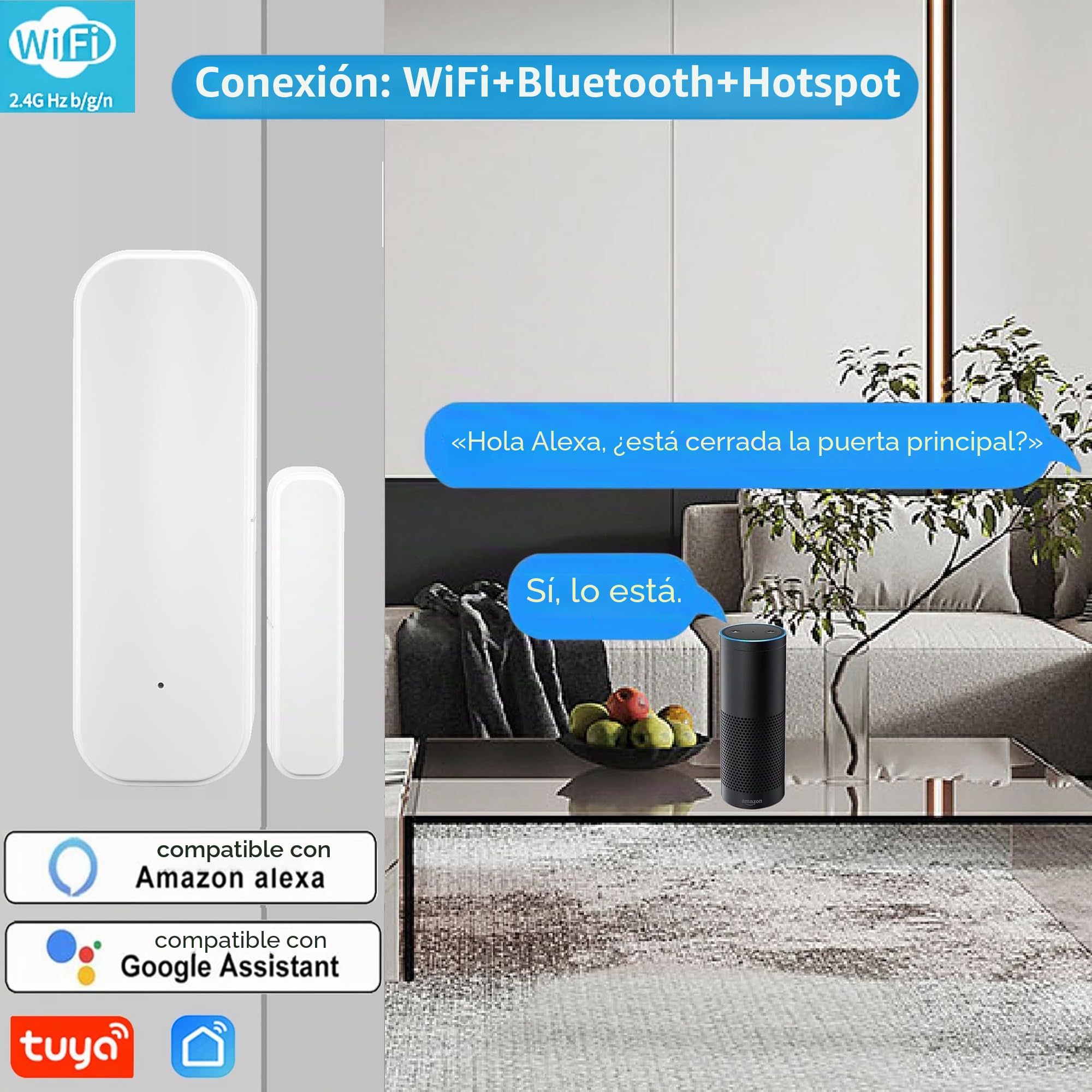 Sensor de puerta WiFi, sensor de ventana de puerta inteligente Tuya, sensor de ventana inalámbrico en tiempo real compatible con Alexa Google, sensor de contacto abierto de puerta (paquete de 4)
