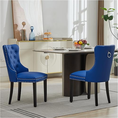 Miniatura 10 de Juego de 2 sillas de comedor de cuero PU, sillas de comedor tapizadas acolchadas con anillo de tracción y patas de madera maciza, negro