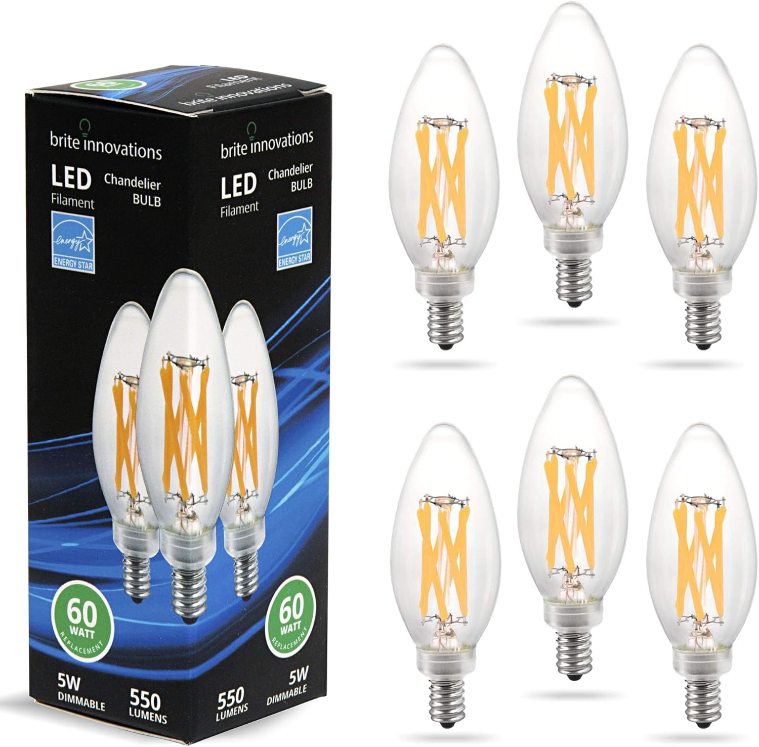 Brite Innovations E12 LED Dimmable Bulbs 6 Pack 60 Watt Equivalent for Chandelier and