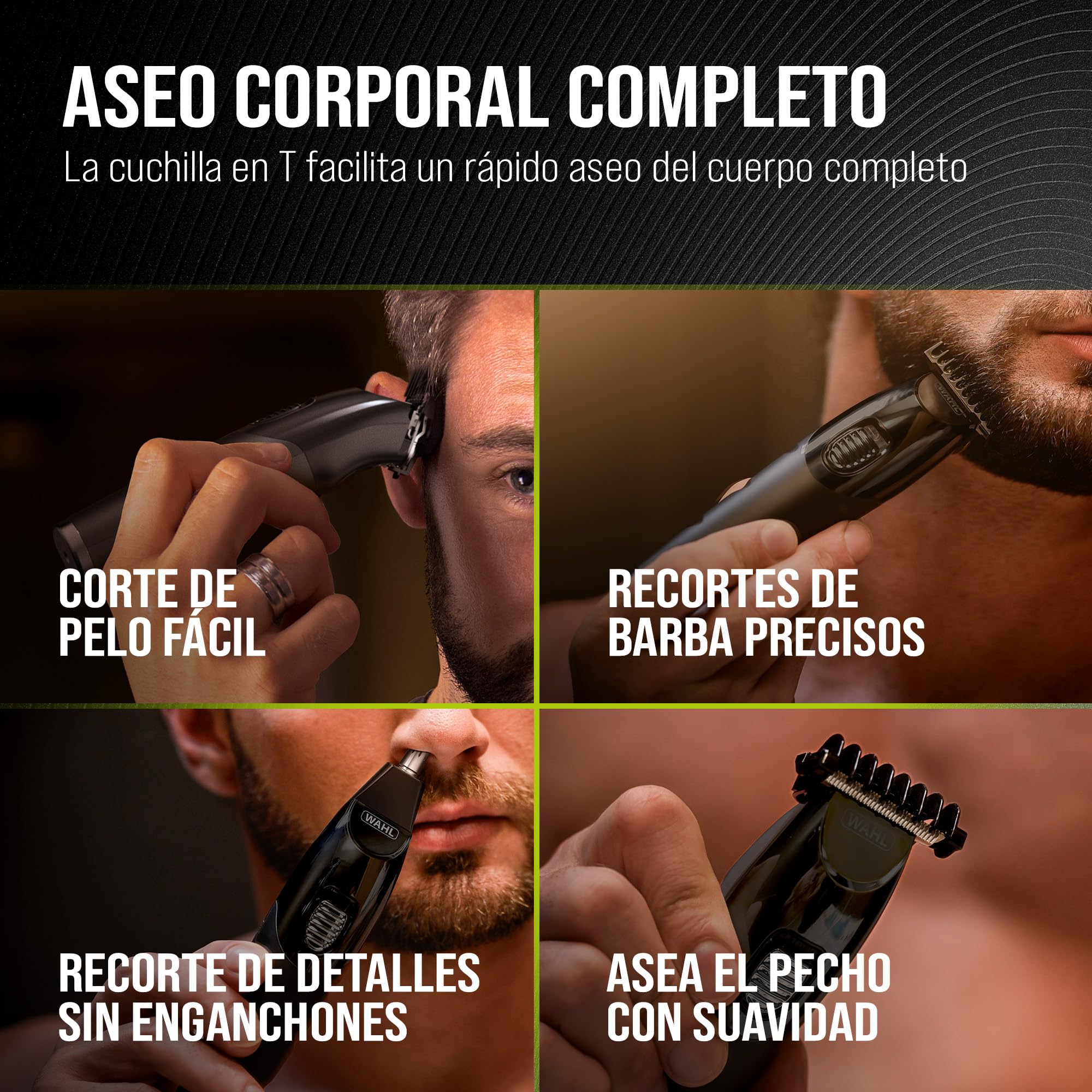 WAHL All in One Trimmer, Aseo completo de cabello, barba, orejas, nariz y cuerpo, potente batería de litio, cabezales lavables y cabezal ancho en forma de T, corte de 0,5 mm-25 mm, 210 minutos de carg