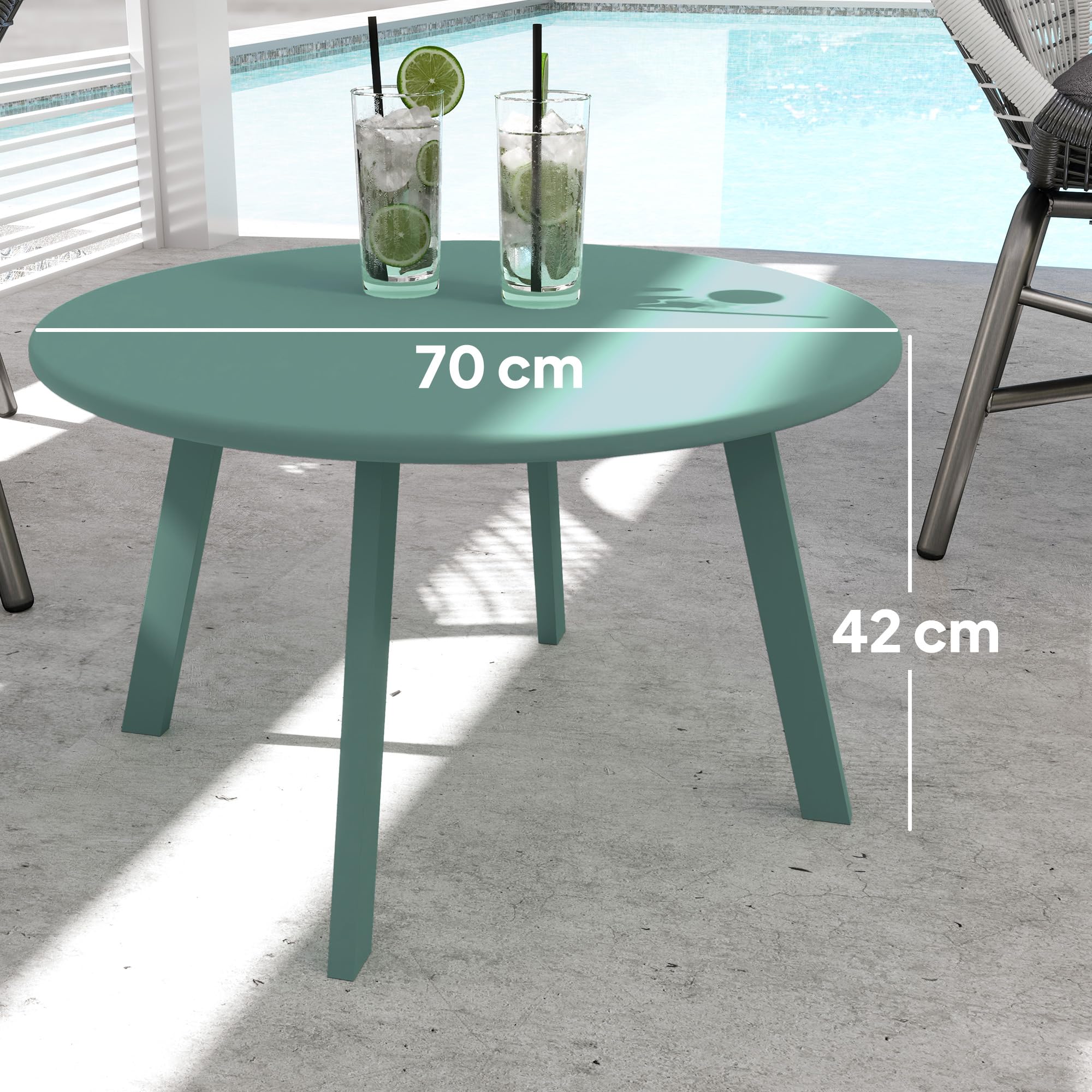 Outsunny Mesa de Centro Redonda pequeña, Mesa Auxiliar con deslizantes Antideslizantes, Estructura de Metal, para jardín, balcón, terraza, salón, Ø 70 x 42 cm, Verde