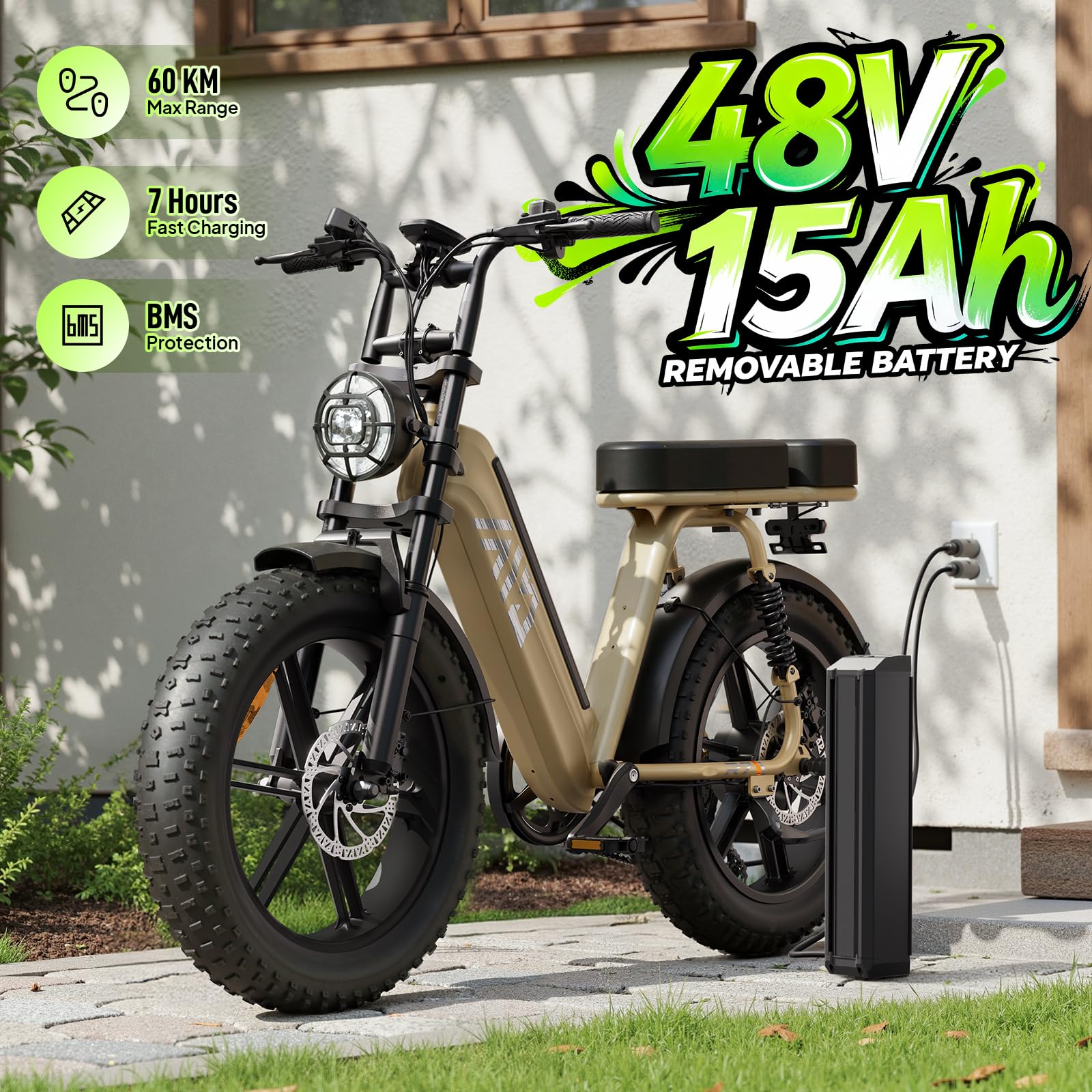 TST Bicicleta Eléctrica 20" Neumáticos Anchos E-Bike con Batería Extraíble 48V 15AH, Motor 250W, Autonomía 60km, Cuadro Paso Bajo, Suspensión, Pantalla LCD - Ideal Adultos Desplazamientos y Off-Road