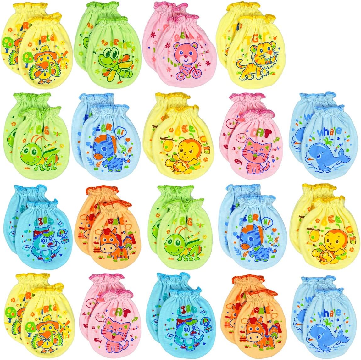 12 Pairs Unisex-Baby No Scratch Mix Colors Assorted Mittens, 100% Cotton, Assorted Animals