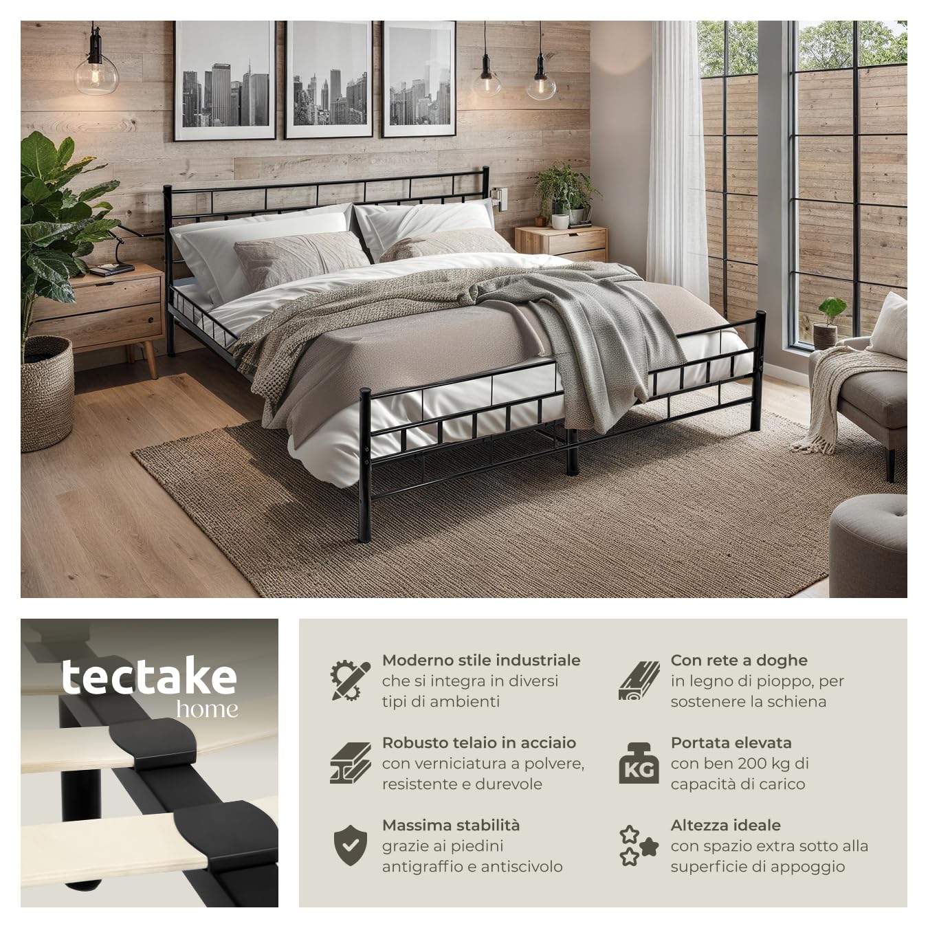 tectake® Struttura Letto in Metallo con Rete a Doghe in Legno di Pioppo Inclusa, Design Moderno, Struttura Robusta, Ideale per Arredamento Camera da Letto, 200x180 cm - Nero