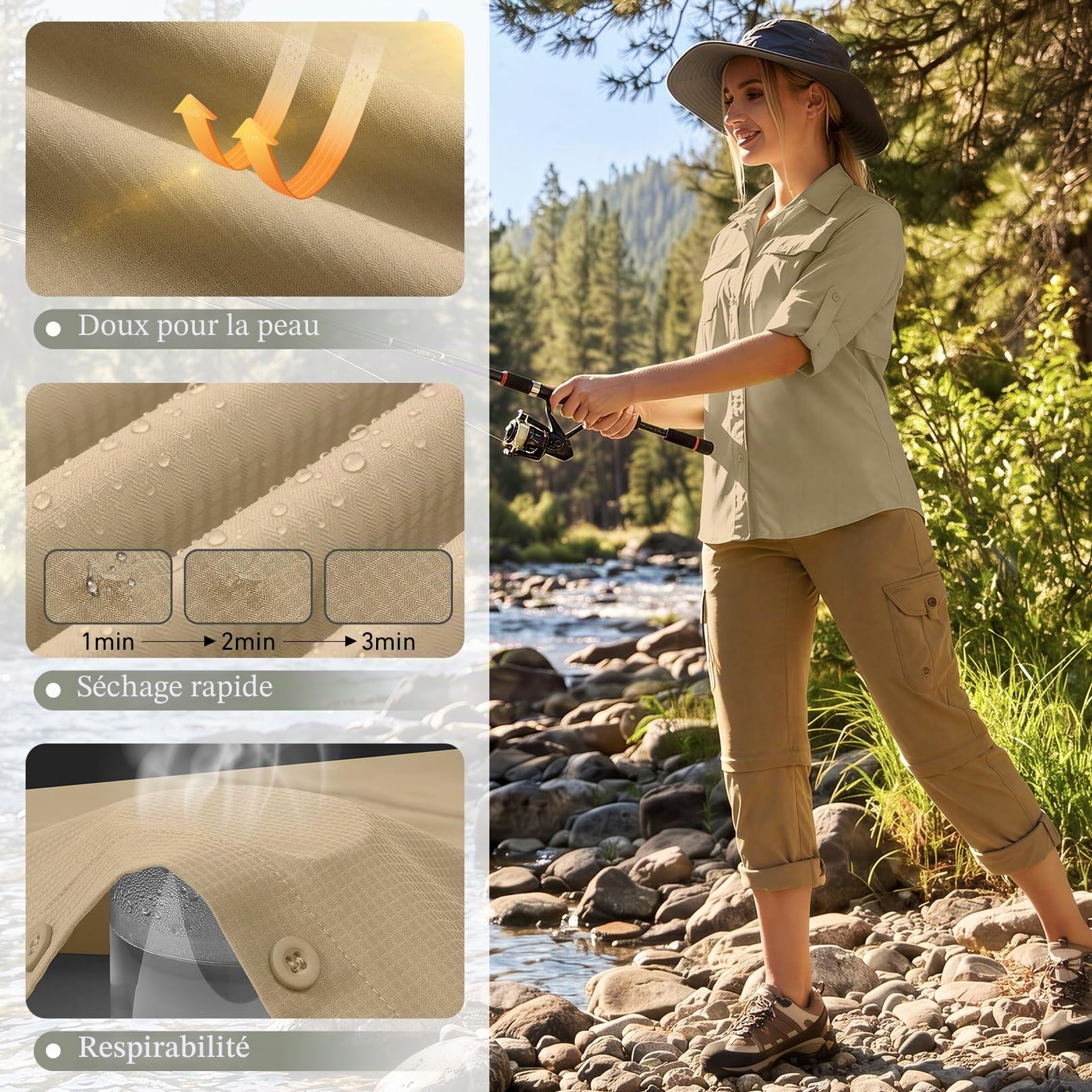 Chemise de soleil safari pour femme UPF 50+ Protection solaire UV à manches longues Séchage rapide Pour la pêche, la randonnée, le jardinage