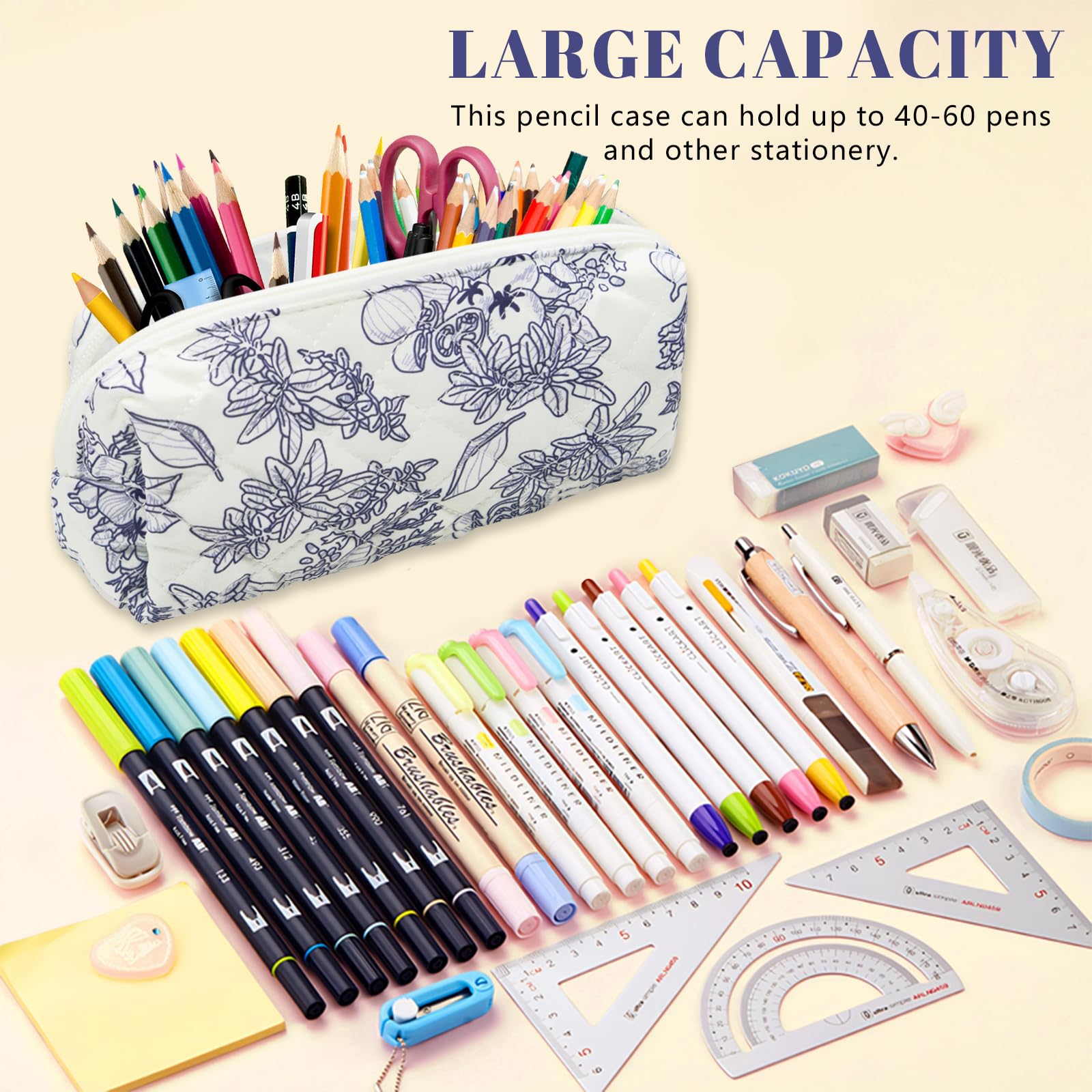LJCZKA Floral Pencil Case for Girls Women Small Flower Pencil Pouch, Cotton Quilted Makeup Bags for School College Travel - Image 4