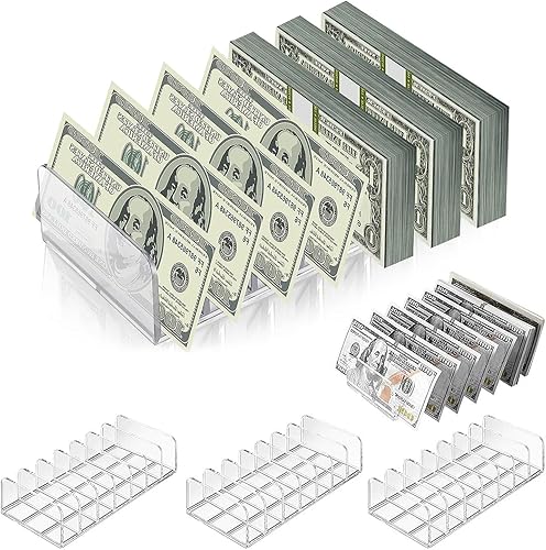 Paquete de 4 organizadores de dinero de acrílico, bandejas para efectivo, 7 secciones, separadores transparentes, organizador de escritorio para