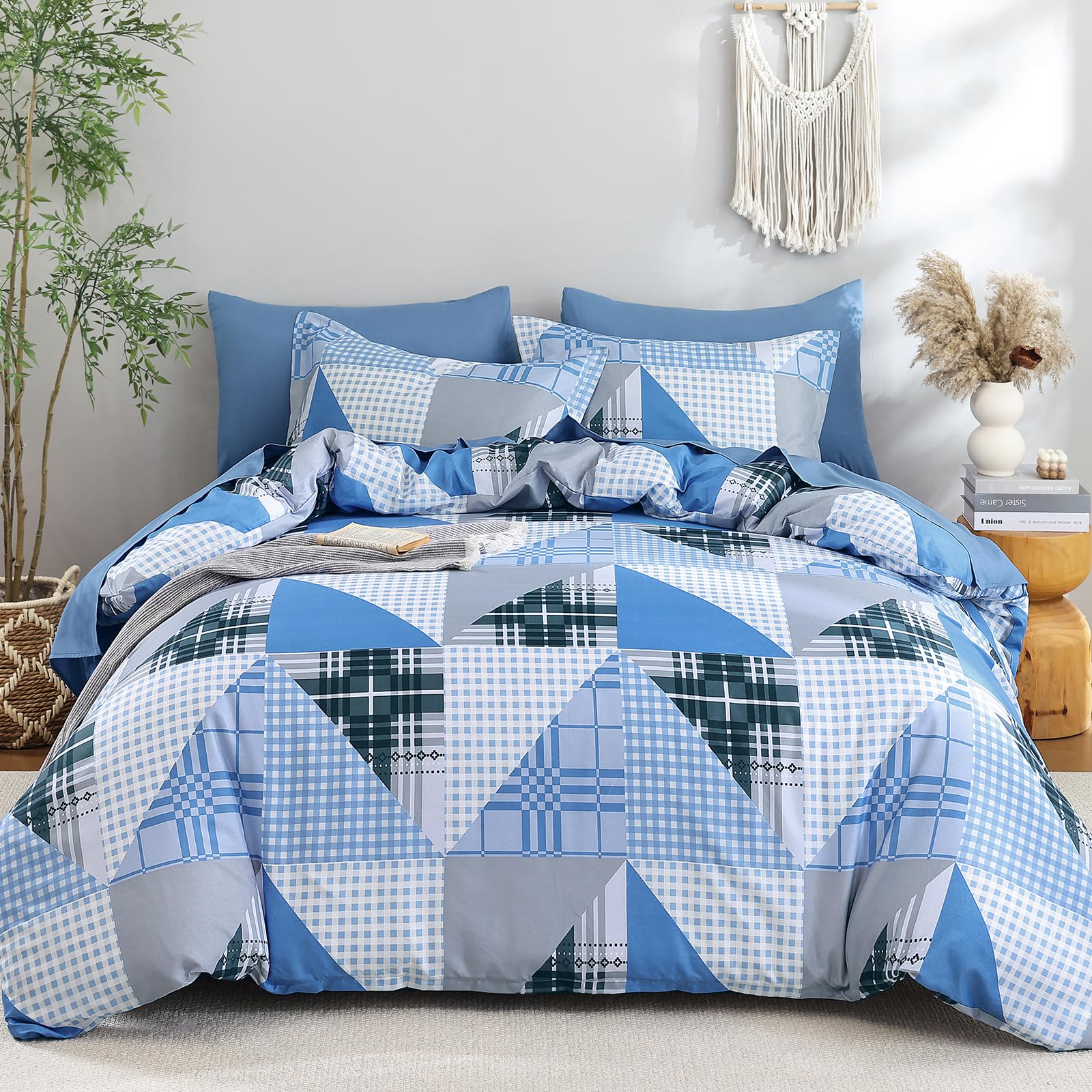 WONGS BEDDING Duvet Cover Set Double Blue Geometric Plaid 3-Piece Bedding Set-Soft Microfiber Bed Linen for Bedroom Decor (200x200cm) โ image 1