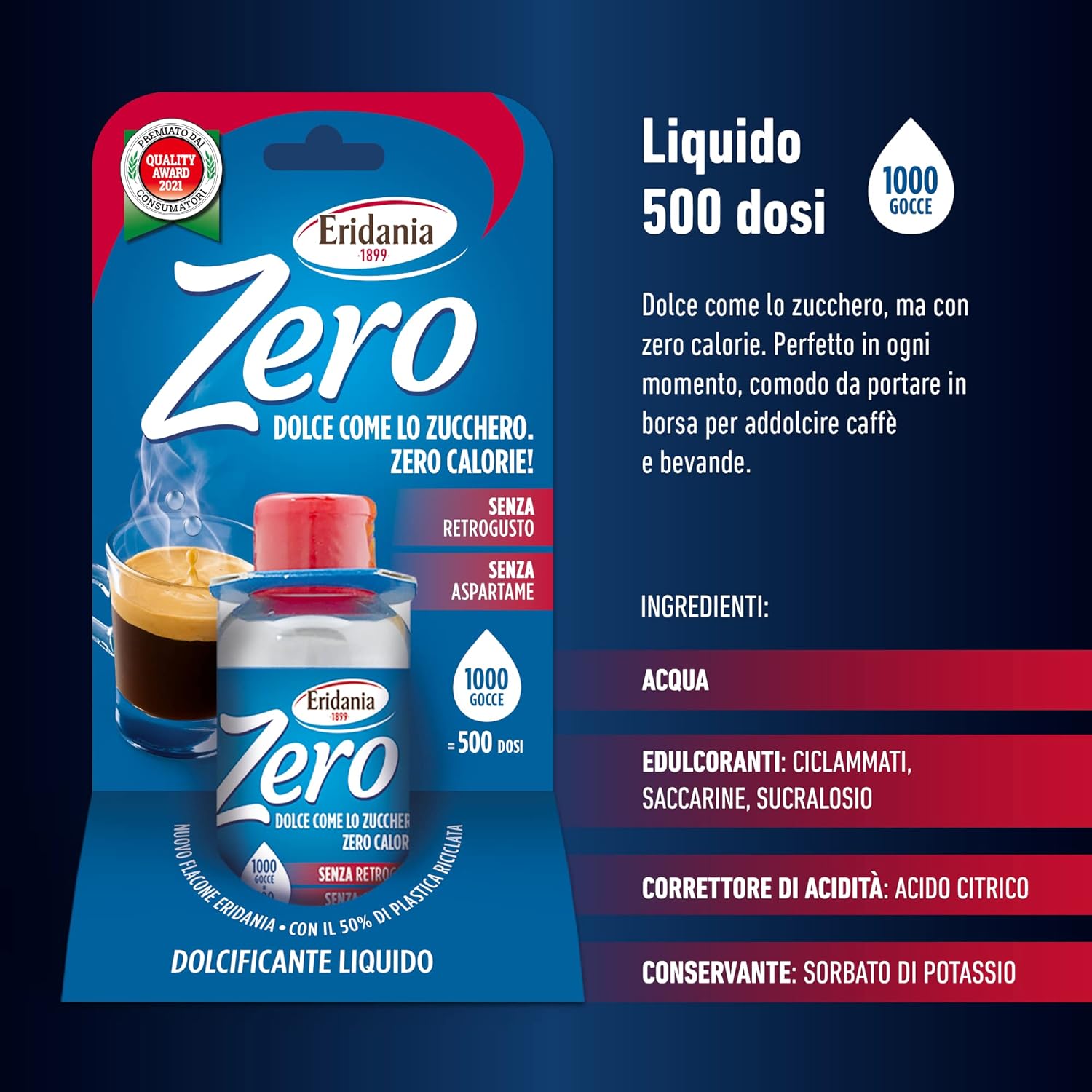 Eridania - Eridania Zero, Dolcificante Liquido da 50ml, Comodo Flaconcino da Portare con Te da 500 Dosi, 2 Gocce Equivalgono ad 1 Dose, Comodo Tappo Salvagocce Apri&Chiudi Integrato 50 ml (Confezione da 1) Single - Immagine 4