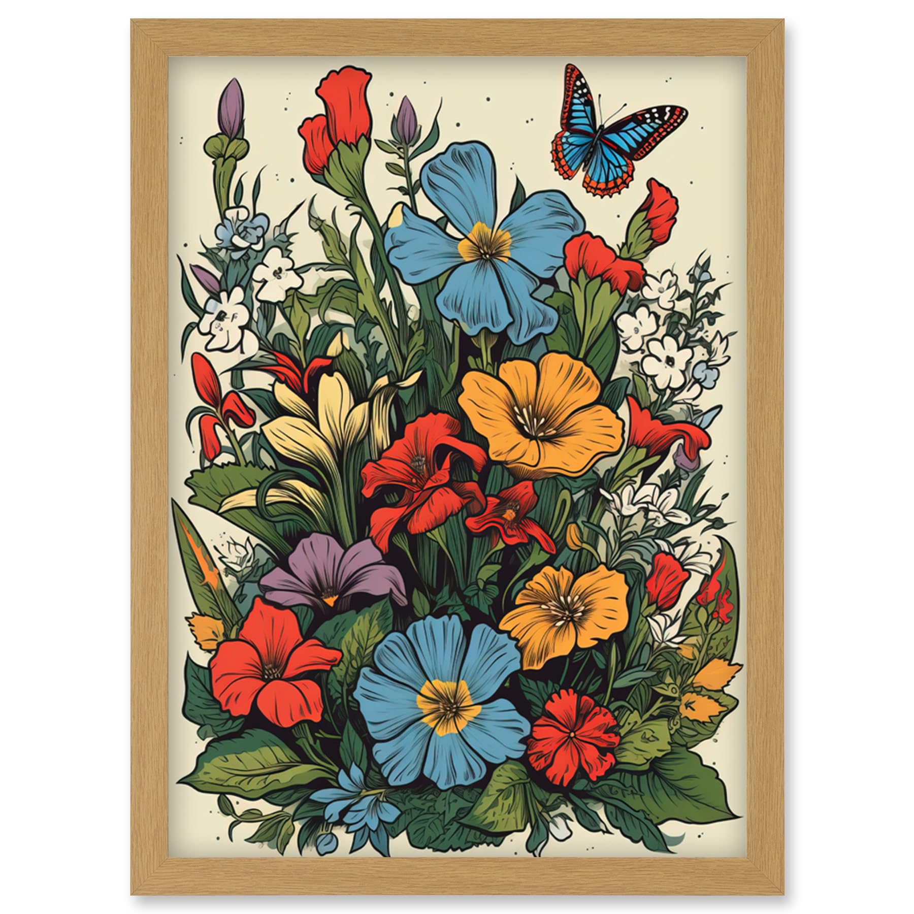 Artery8 Wildflower Meadow Colourful Tattoo Ink Body Art Rockabilly Americana 50s Artwork Framed Wall Art Print A4