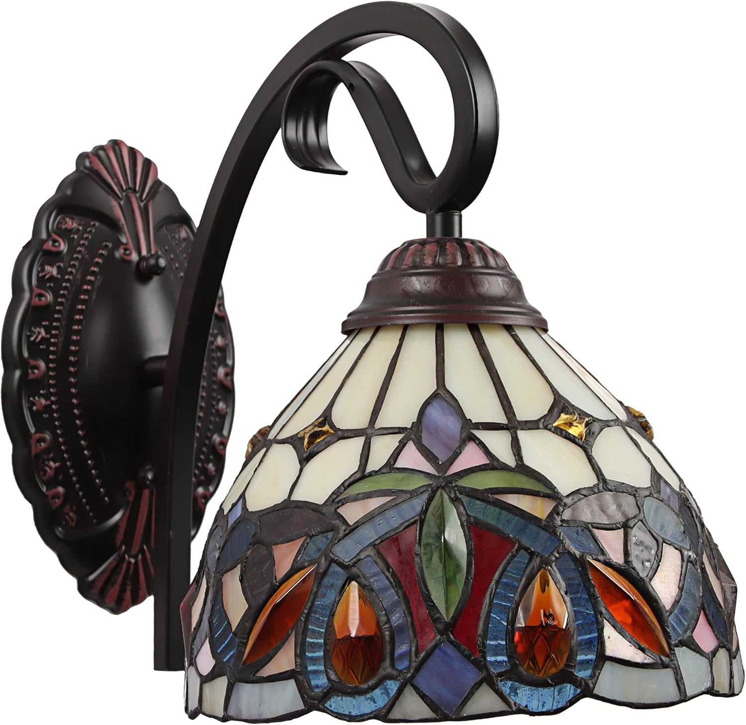 Victorian Tiffany-Style Bronze 1-Light Wall Sconce with Stained Glass