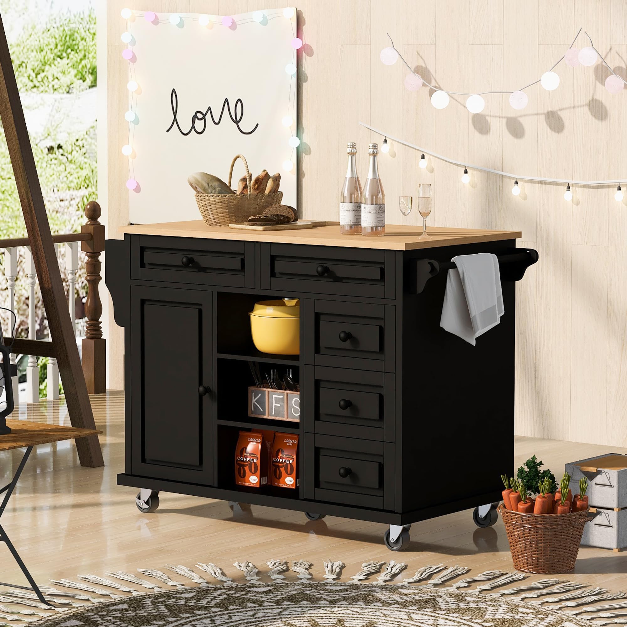 Kitchen Cart with Rubber Wood Top Storage Cabinet Rolling Mobile Kitchen Island On Wheels with 5 Drawer Open Shelves for Dining Room Black