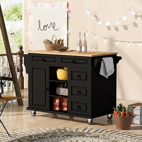 Kitchen Island Cart on Wheels with 5 Drawers, One Door and Open Shelves, Rolling Mobile Storage Cabinet on Wheels for Kitchen