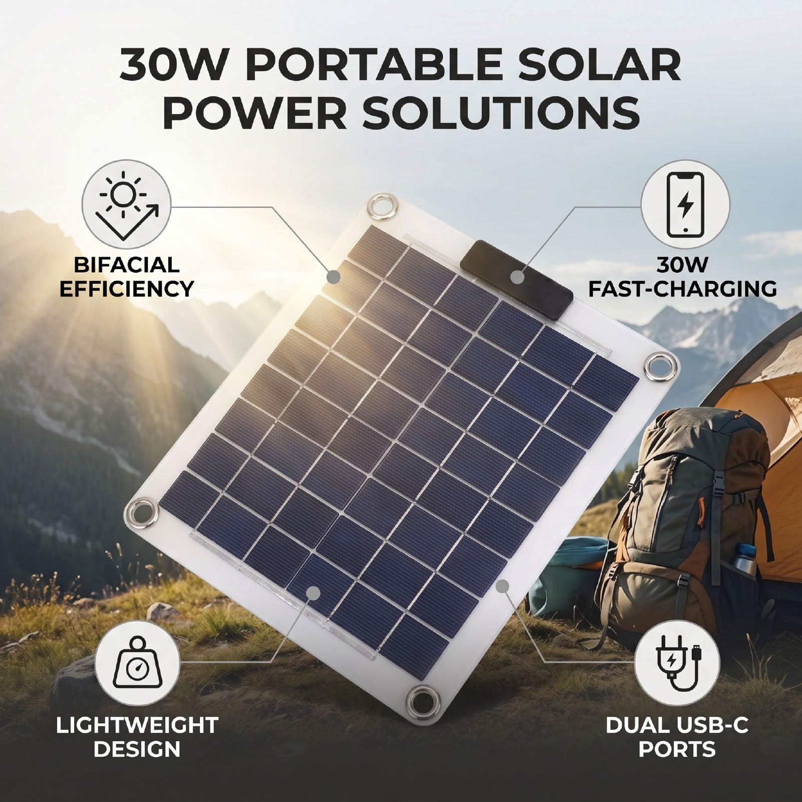 Pannello Solare Portatile da 30 W, Caricabatterie da Pannello Solare | Pannello Solare Bifacciale in Silicio Monocristallino da 30 W a Ricarica Rapida con 2 Porte di Tipo C per Campeggio, Viaggi