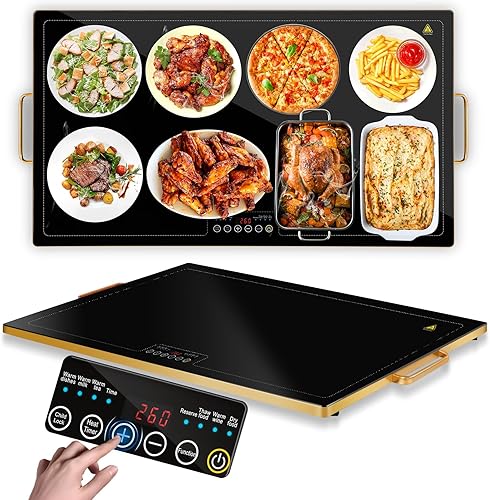 Miniatura 7 de Bandeja de calentamiento eléctrica de 31 x 18 pulgadas, bandejas de calentamiento de vidrio para fiestas de buffets con 9 niveles de temperatura y