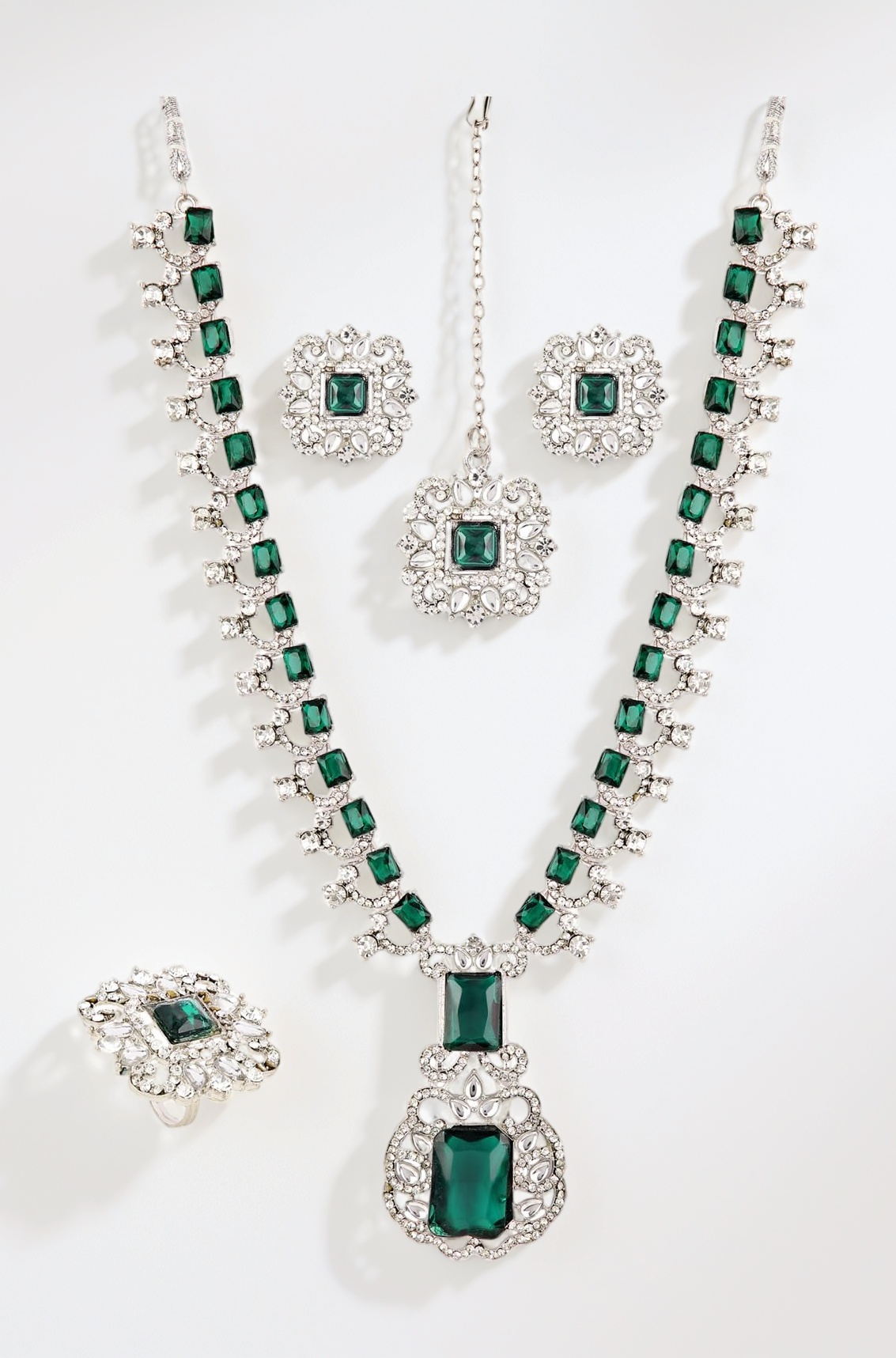 Nita Ambani Traditional Latest Stylish Design Jewelry Maang Tikka Ring Earrings Necklace Jewellery Set for Women (16072s) (Green)