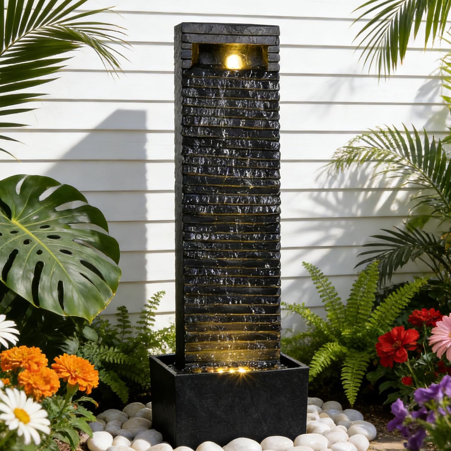 38.6" Tall Outdoor Water Fountain with LED Lights, Modern Floor-Standing Waterfall Fountain, Indoor Outdoor Resin Water Feature for Patio Porch Backyard Garden Home Decor