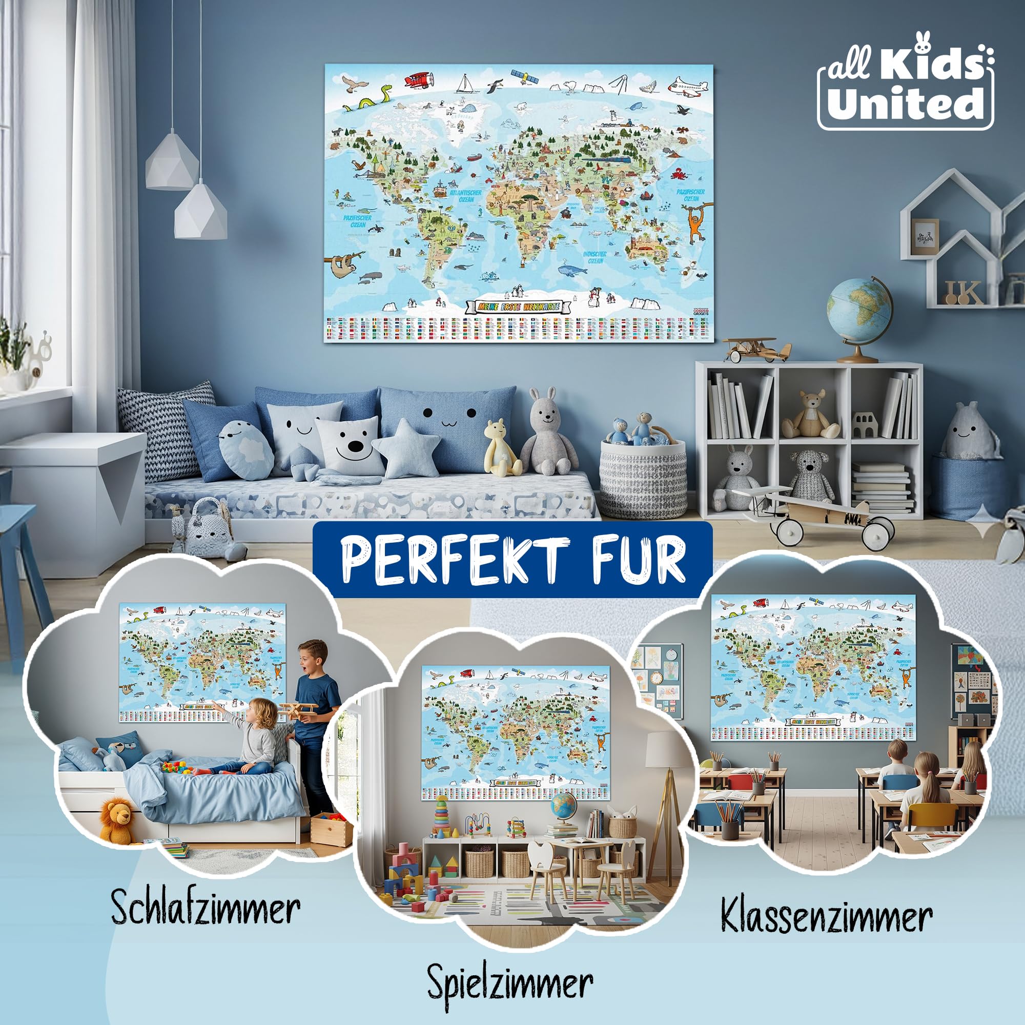 Close Up Kinder Weltkarte XXL Poster 140x100cm | Handgezeichnete Bunte Weltkarte + Überraschungsposter