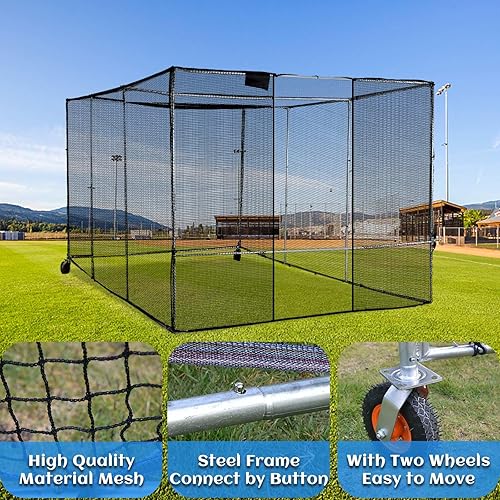 Miniatura 5 de Jaulas de bateo de béisbol y sóftbol para patio trasero marco de acero portátil de 10 x 16.4 x 8 pies, red resistente con ruedas para entrenamiento