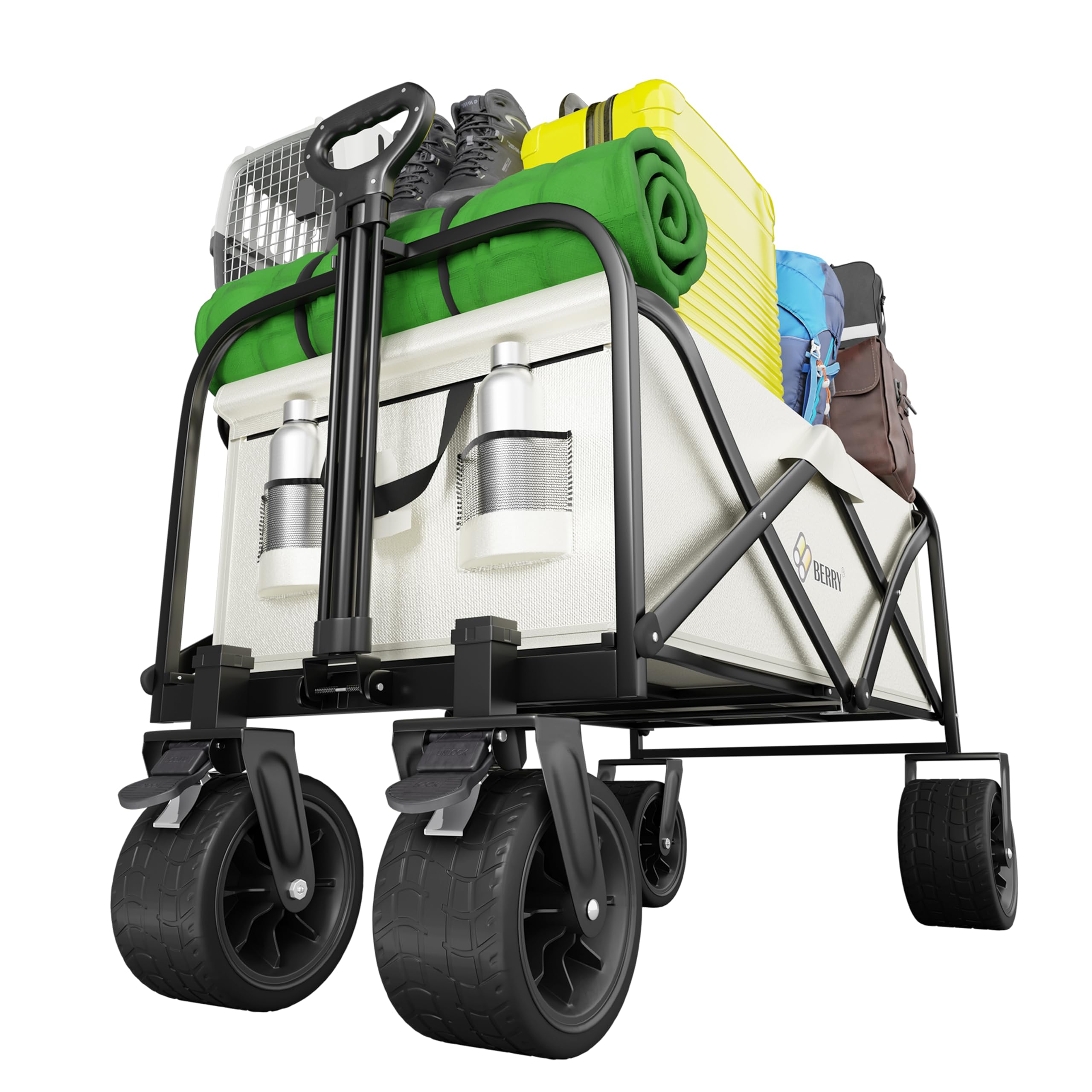 Berry 150L Festival Trolley on Wheels - Beige | Folding Camping Wagon Trolley with Wheels | 330lbs Heavy Duty Collapsible Utility Cart for Beach, Festivals, Garden, Picnic, Shopping, Fishing, Camping