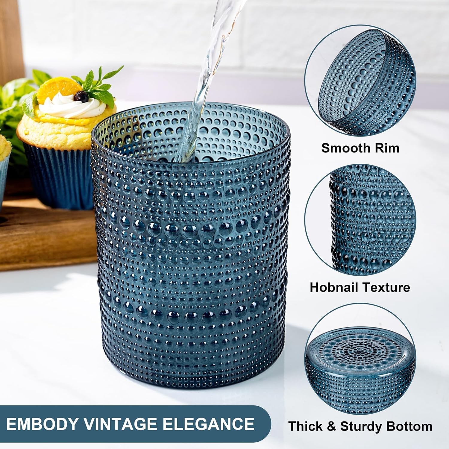 YOUBET 24PCS Plastic Hobnail Drinking Glasses - 14 Oz Blue Vintage Glasses Drinkware - Disposable Beaded Cups for Juice, Wine, Party - Image 6