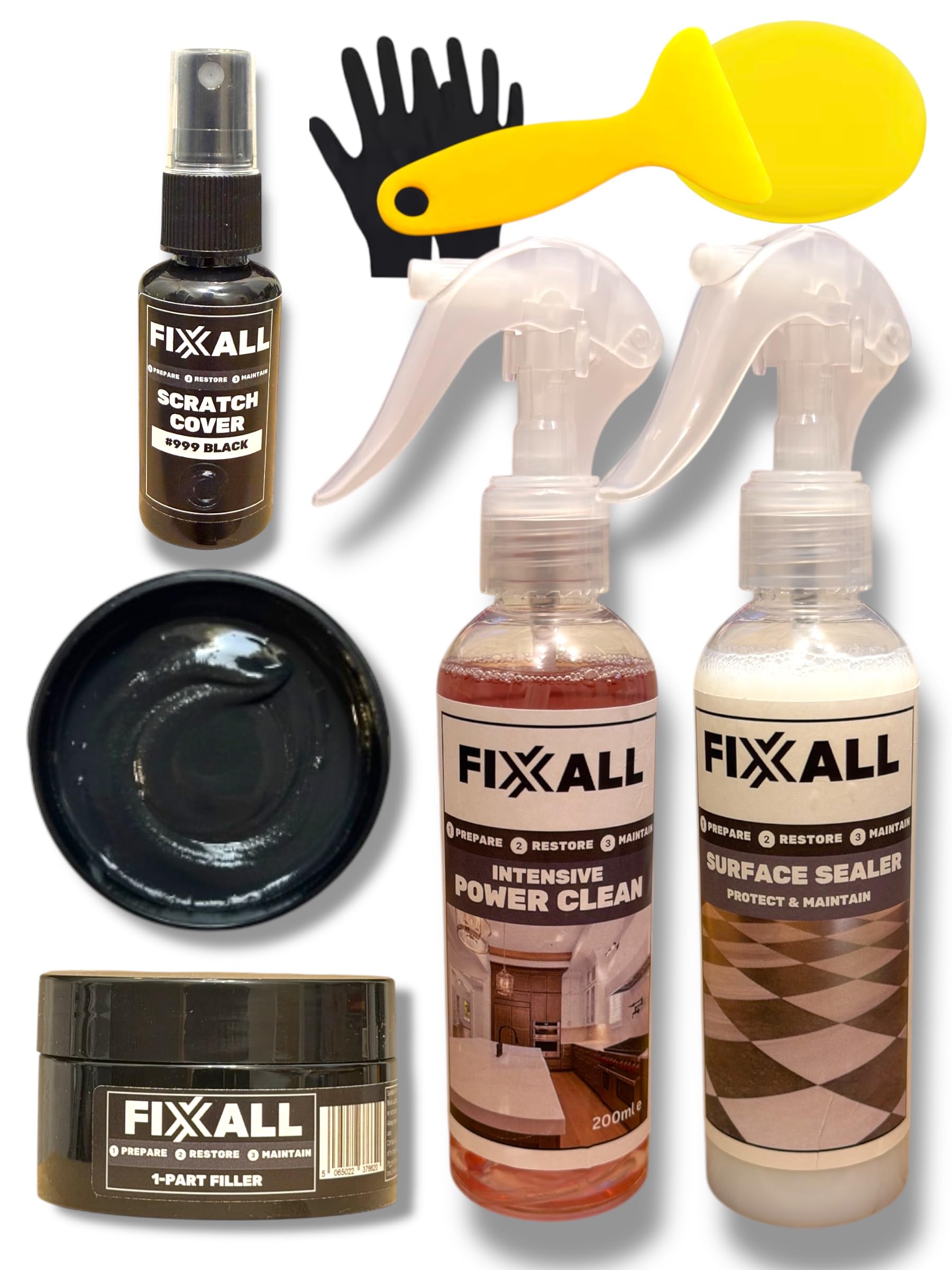 Fixxall All Surface Repair Kit – Floor, Worktop & Furniture Repair Kit for Wood, Laminate, Vinyl, Tile & Stone Surfaces – 16 Colour Repair Fillers & Scratch Cover (Black)
