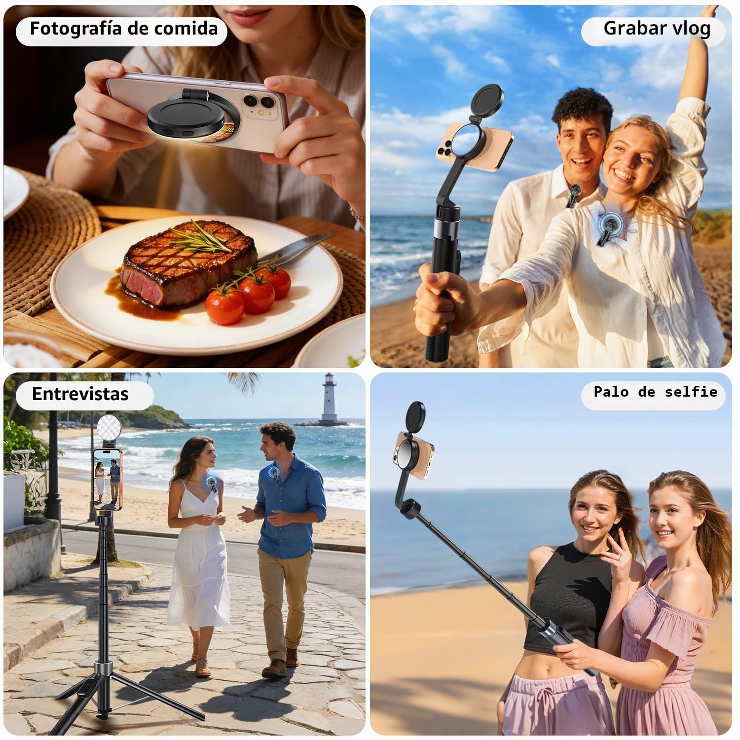 yAyusi Kit de vlogging magnético 3 en 1 para iPhone/Android, Kit de Inicio para Youtube, trípode magnético, micrófono y Control Remoto, Palo de Selfie de 71" con luz para Youtube