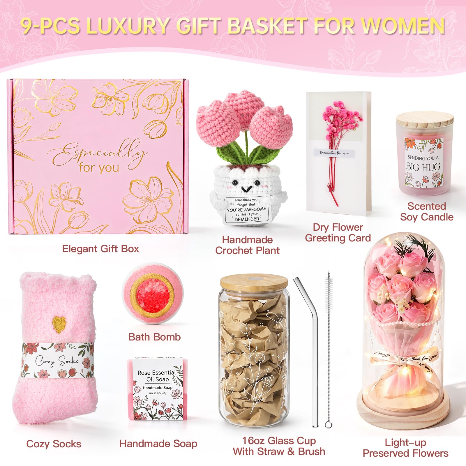 Regalos para mujeres, mamá, su amiga, hermana, esposa, rosa eterna iluminada y vela, cesta de regalo relajante para el cuidado personal, regalo de spa, regalos de cumpleaños y Navidad