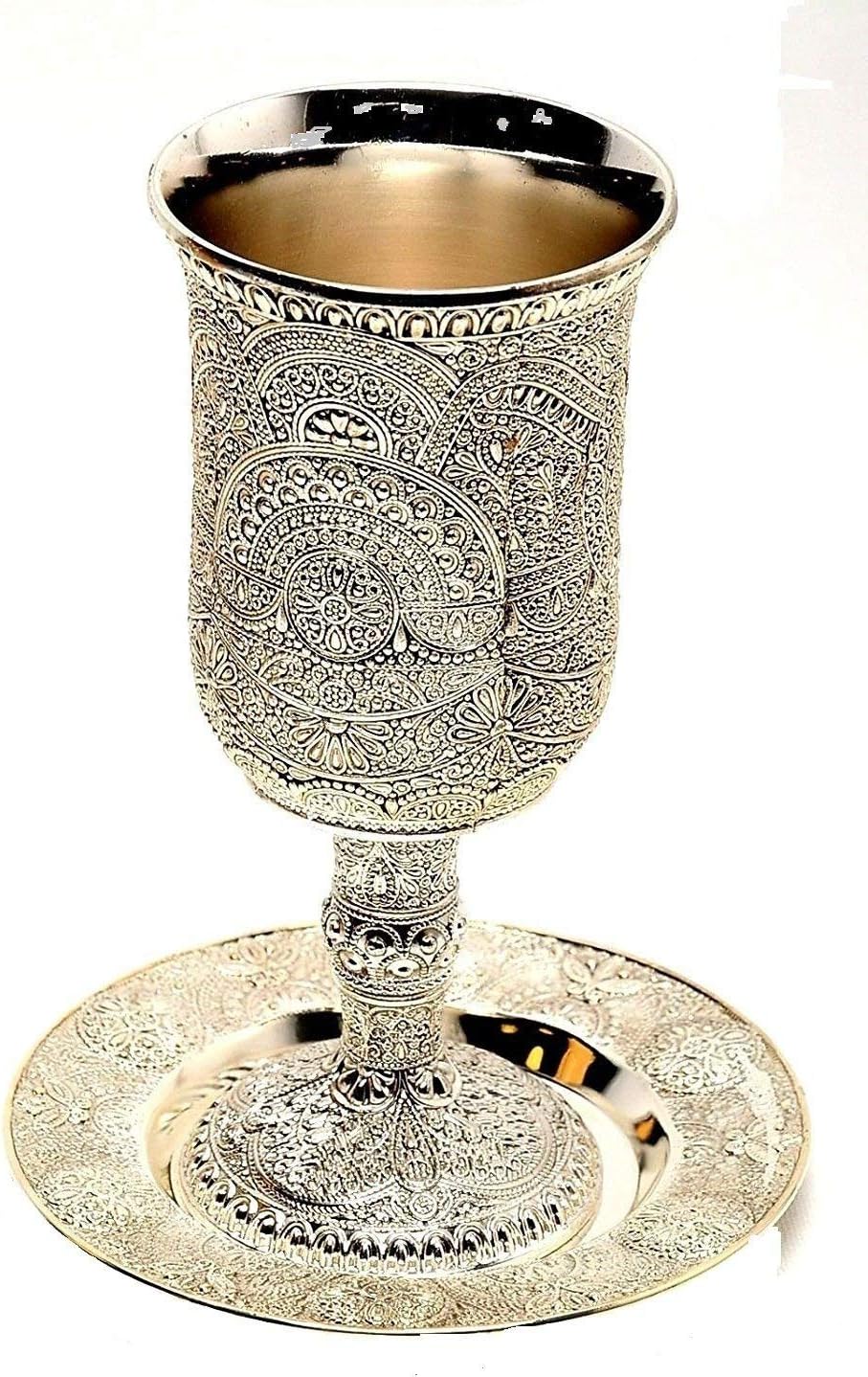 Silver Plated Shabbat Kiddush Filigree wine Metal Cup with Base and Tray