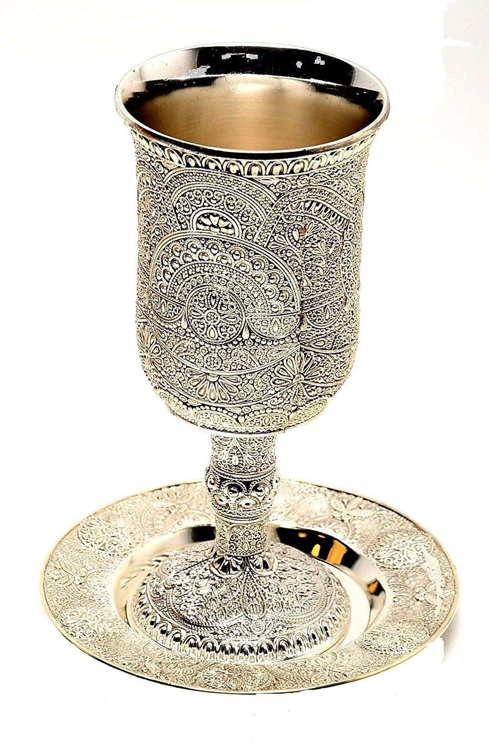 Silver Plated Shabbat Kiddush Filigree wine Metal Cup with Base and Tray