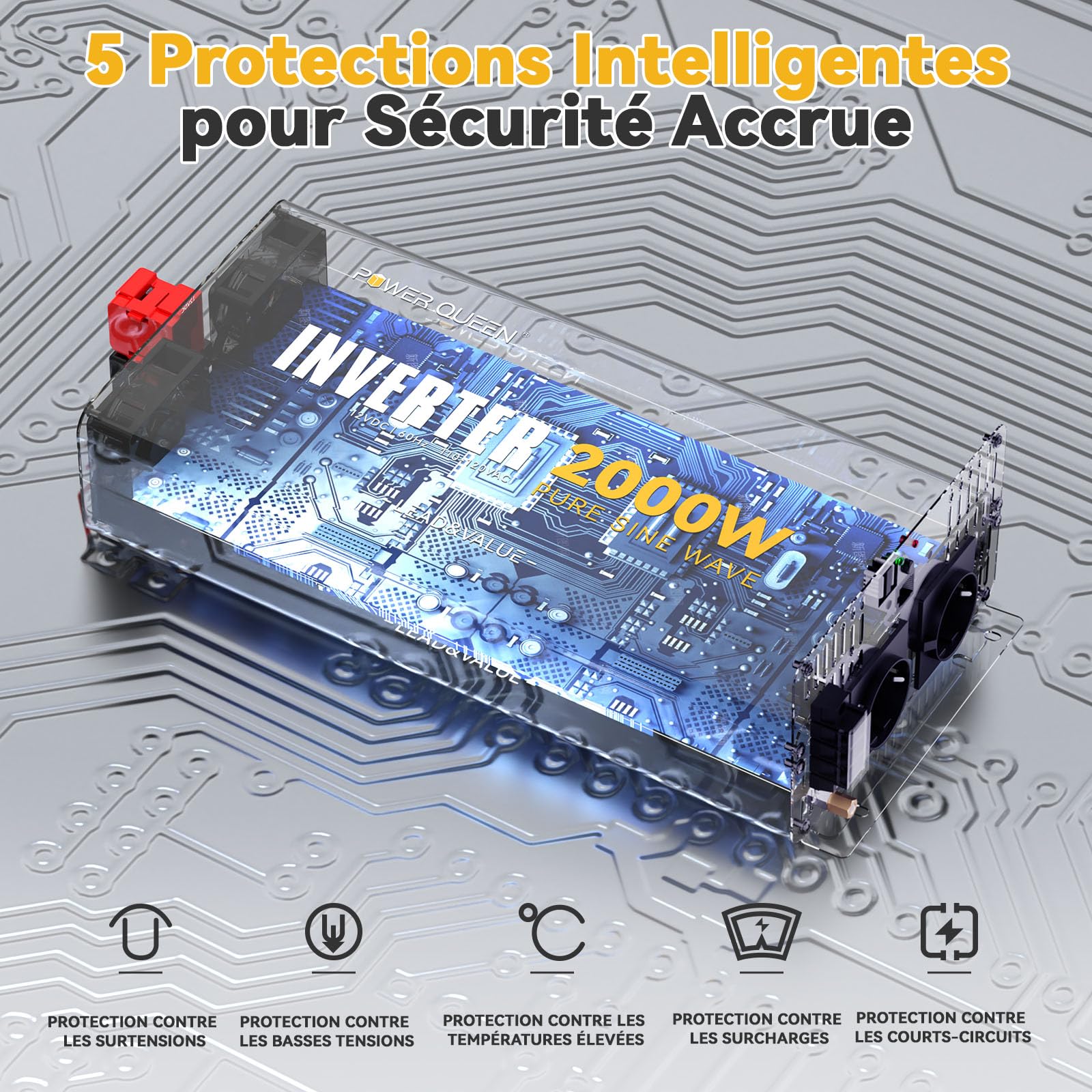 Power Queen 2000W Onde sinusoïdale pure, onduleur solaire 12V DC vers 110V-120V AC convertisseur avec 2 sorties AC, affichage LCD pour système d'alimentation solaire hors-réseau, RV, camion, appareils