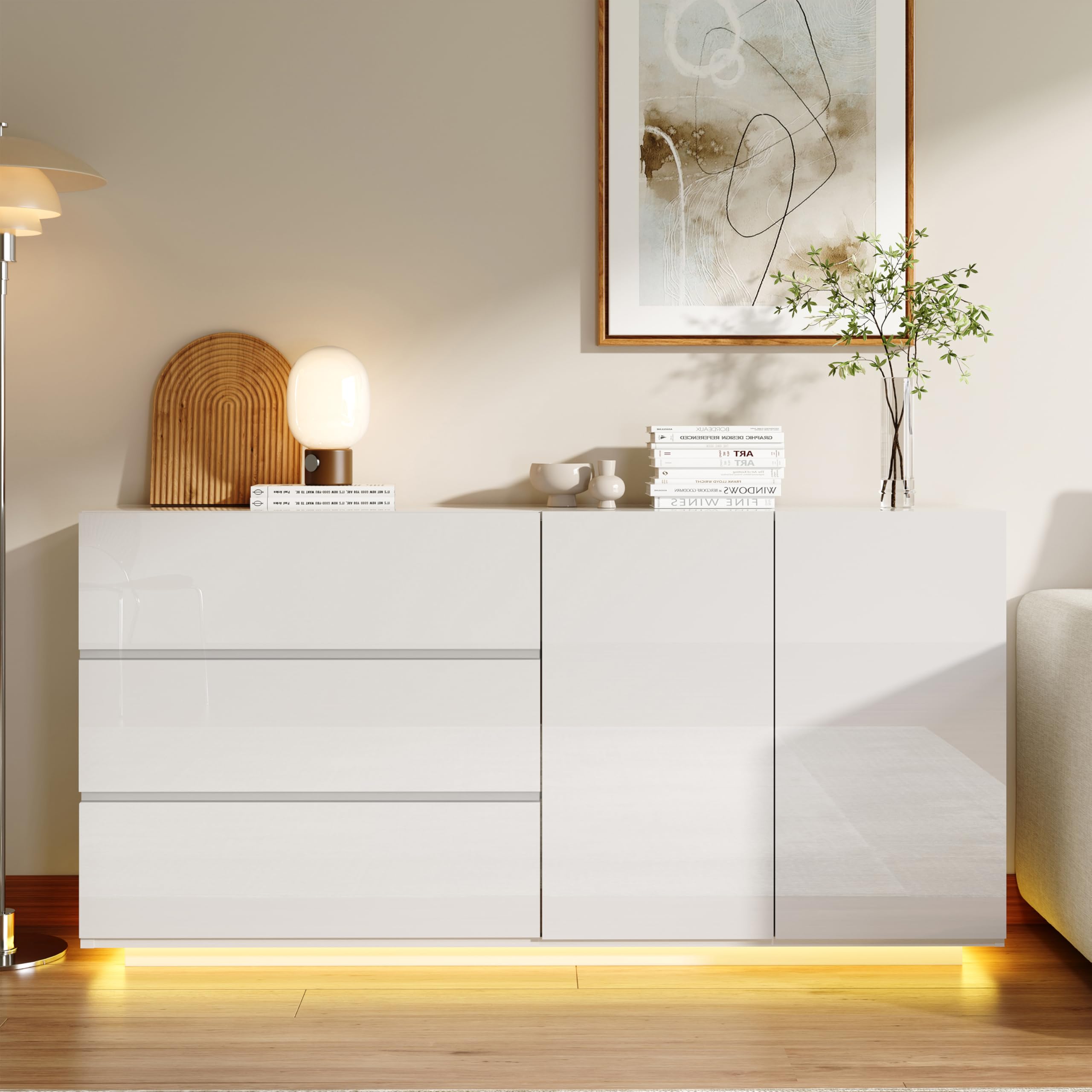 DULRLLY Kommode Weiß Hochglanz mit LED Beleuchtung, Sideboard Weiss Hochglanz 160cm mit 2 Türen und 3 Schubladen, Küchenschrank Buffets Anrichte, Buffetschrank Modern für Schlafzimmer Esszimmer Flur